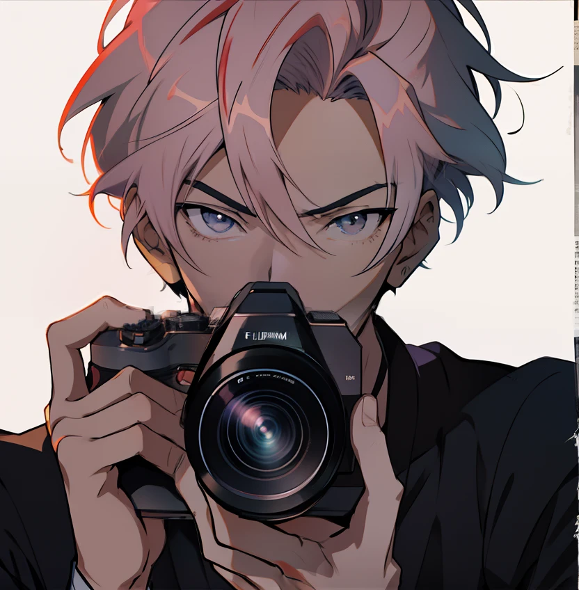 Anime boy takes pictures with camera in front of him, Anime style mixed with Fujifilm, High quality anime art style, Handsome anime pose, !! Looking at the camera!!, in an anime style, young anime man, Anime art style, Anime boy, In anime style, vector shaded anime, trigger anime artstyle, anime vibes, Anime Pictures, looking at the camera in!!!