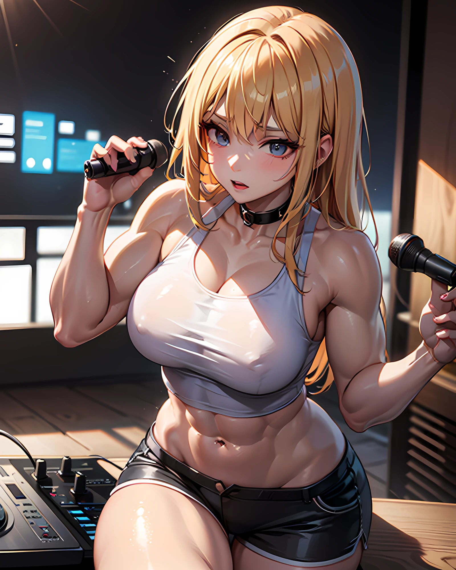 (masterpiece, best quality:1.37), ultra-detailed:1.37, hyper-sharp:1.37, anime style, An illustration of a female bodybuilder with a height of 2m who is DJing while showing off her muscles.
The female bodybuilder is 2m tall and has a muscular build.
A female bodybuilder wears a tank top and shorts, exposing her muscles.
A female bodybuilder is standing in a DJ booth and playing music with turntables and a mixer.
A female bodybuilder is playing music while showing off her muscles.
Audiences are overwhelmed and go wild with her female bodybuilder muscles.
This illustration shows a strong and dynamic representation of a 2m tall female bodybuilder DJing while showing off her muscles. You can clearly see the enthusiastic audience overwhelmed by the muscles of the female bodybuilders.