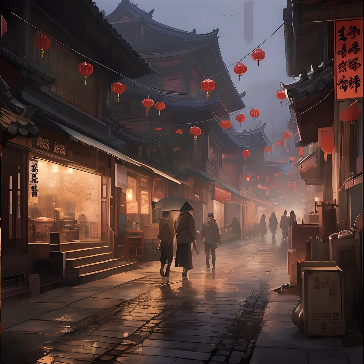 Asian street view with people walking down the street in the rain, dreamy Chinese towns, by Yang J, author:Zou Zhe, Inspired by Fenghua Zhong, author:Qu Leilei, street japan, author:Zou Yigui, author:Liang Kai, by Bayard Wu, By Zeng Jing, author:Wang Lei, andreas rocha style