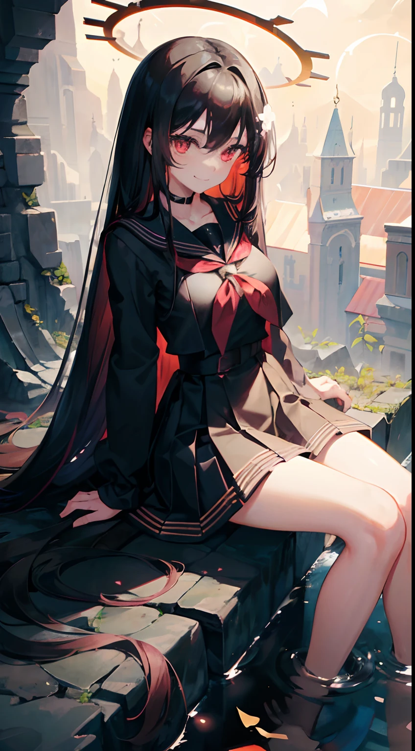 1girl, long hair, black hair, straight hair, black sailor uniform, black clothes, glowing eyes, red eyes, beautiful detailed eyes, red halo, flat chest, small boobs, short, smug, smile, full body, sitting on a rock, beautiful detailed glow, official art, 4k, 8k, official art, beauty and aesthetics: 1.2, highly detailed fractal art, colorful, moody lighting, brilliance, masterpiece, absurdres, high res, ultrasharp, 8K, masterpiece, looking at viewer