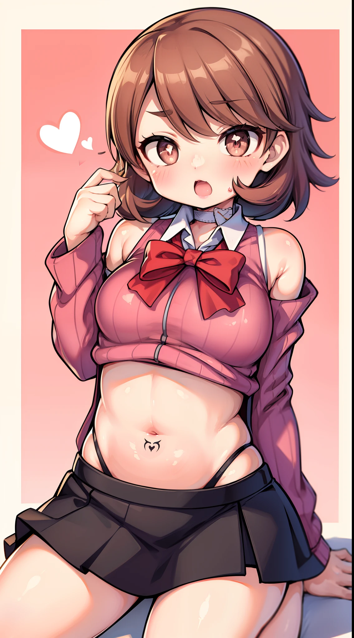 takeba yukari ，A white border around a red rectangular background，pink uniform，short  skirt，sitting down，Cocked buttocks，Back view，Bare back，Bare buttocks，sitted，big assa，huge tit，exposing your navel，abdominals tattoo，High detail,ahegao face,Moles under eyes, Heart-shaped pupils，Love pupils，cropped shoulders，Lots of hearts，Fleshy thighs,highly rendered，detailed face with