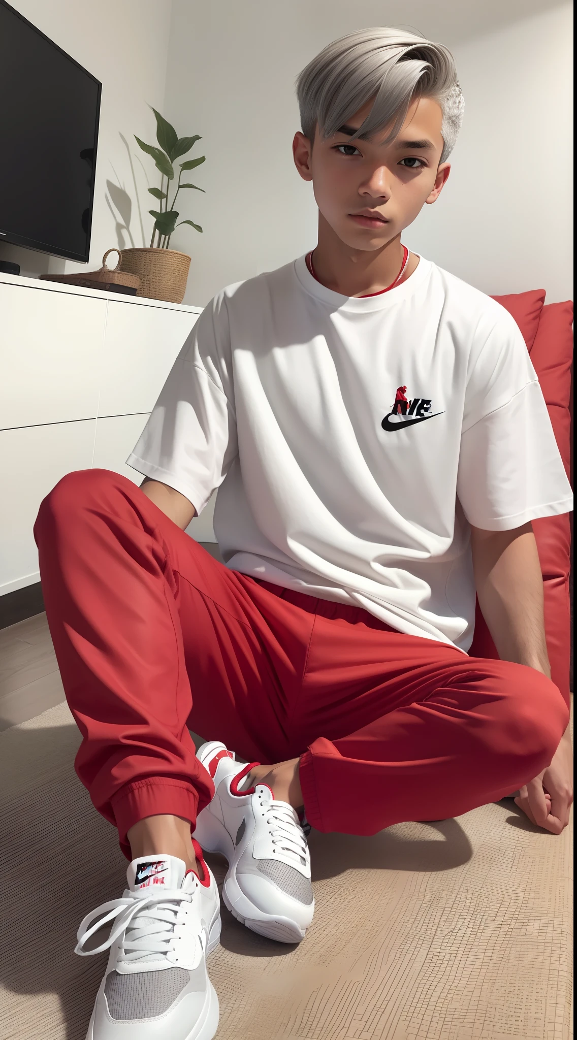 A boy in a white shirt and red pants is playing a video game，Minimalist style，Wear elegant casual clothing，muted red，Simple clothes，Milk and red style，casual clothing style，modern fashion outfit，Dressed as a fisherman，casual modern clothing，inspo , Red clothes, Red pants, , rred and white color scheme, casual business outfit, Scary face, Nike shoes, 18yr old, ((Gray hair))