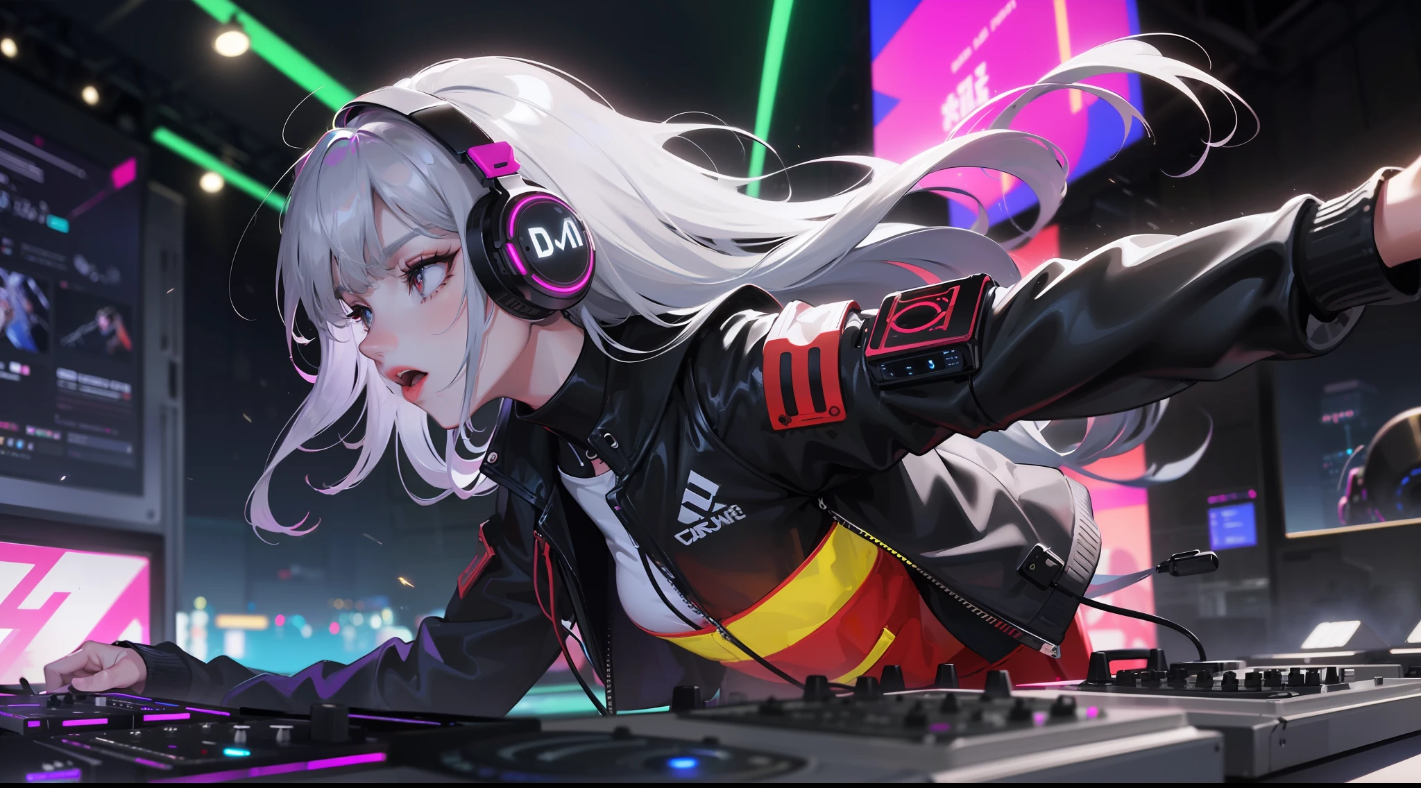 (hyperdetailed,16k resolution,octane render,pyrotechnic,lightning,Electrical,Spark,break:1.2),(A girl DJ wearing futuristic jacket and big silver headphones,leaning forward,intricate detailed Mechanical cyberpunk cyborg,Multimedia exoskeleton,standing in front of a dj set,focused on performing,Virtual singer style,Highly detailed mechanical DJ player,Side semi close-up,virtual stage background,Futurist digital art:1.25),