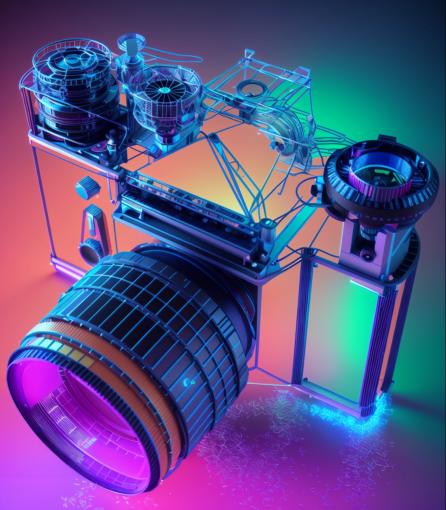 Close-up of camera with lens and wire cage, hyper detailed 3d render, hyper detailed 3d render, depicted as a 3 d render, 3d rendered in octane, 3 d rendered in octane, cinema 4d colorful render, glowing neon lights, 8k octane 3d render, 8 0 seconds camera, 3 D 插图, 3D illustration