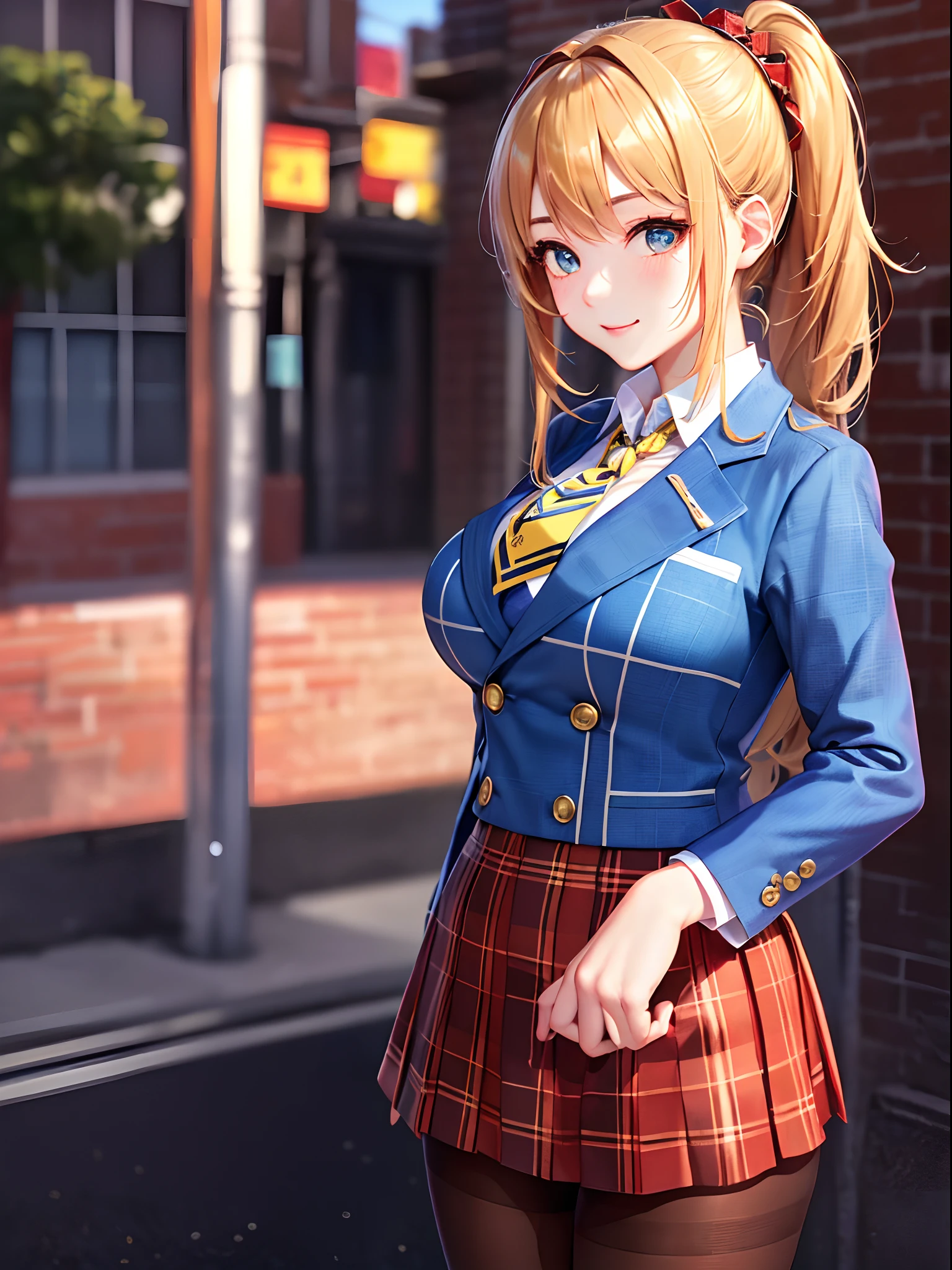(top-quality: 1.3), (​masterpiece: 1.3), (The ultra-detailliert: 1.3), (wall-paper, one girls: 1.1)、(Detailed hands and fingers:1.2)、(Detailed ultra-oily shiny skin:1.1)、oily shiny thighhigh、(White shirt with collar and buttons:1.2)、(Light blue blazer:1.4)、(Red tie:1.1)、(Yellow and brown plaid mini skirt:1.3)、(Brown pantyhose:1.2)，(blondehair:1.2)、ssmile、(Beautiful Large Breasts:1.3)、poneyTail、(Cute Red Hair Band:1.1)、Beautiful sister、(School Grounds:1.3)、sexypose、is standing