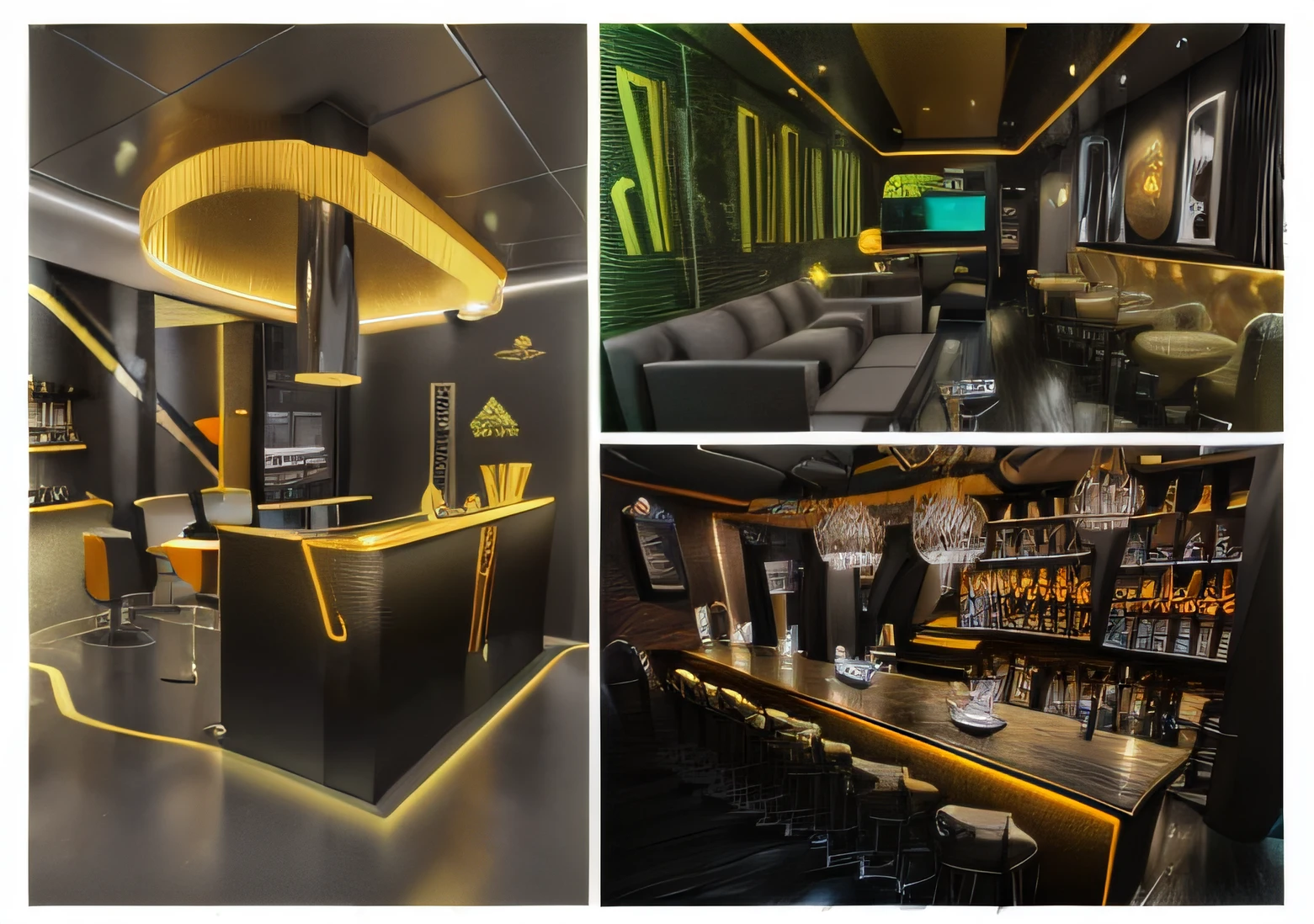 arafed image of a bar with a yellow light and a black counter, very smoky cyberpunk paris bar, an illustration of a bar/lounge, 3 d renders, metaverse concept art, night clubs and neons, very realistic 3 d render, detailed renderings, by Mathias Kollros, various lighting mood, conceptual, bar, highly detailed 3d render. Yellow orange and black, 3d. Mockup into 3d screen. shadow
