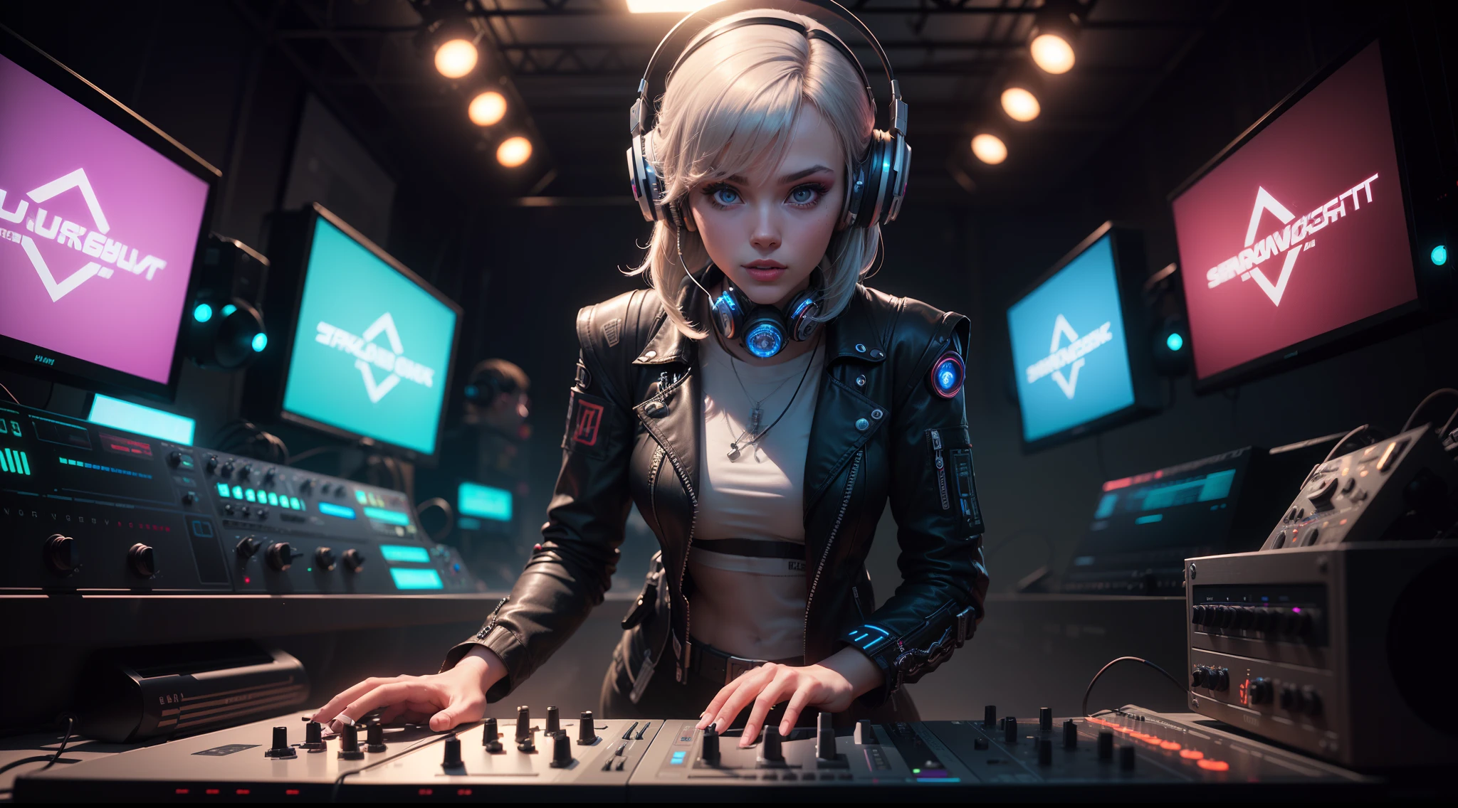 (hyperdetailed,16k resolution,octane render,pyrotechnic,lightning,Electrical,Spark,break:1.2),(A girl DJ wearing futuristic jacket and big silver headphones,leaning forward,intricate detailed Mechanical cyberpunk cyborg,Multimedia exoskeleton,standing in front of a dj set,focused on performing,Virtual singer style,Highly detailed mechanical DJ player,Side semi close-up,virtual stage background,Futurist digital art:1.25),