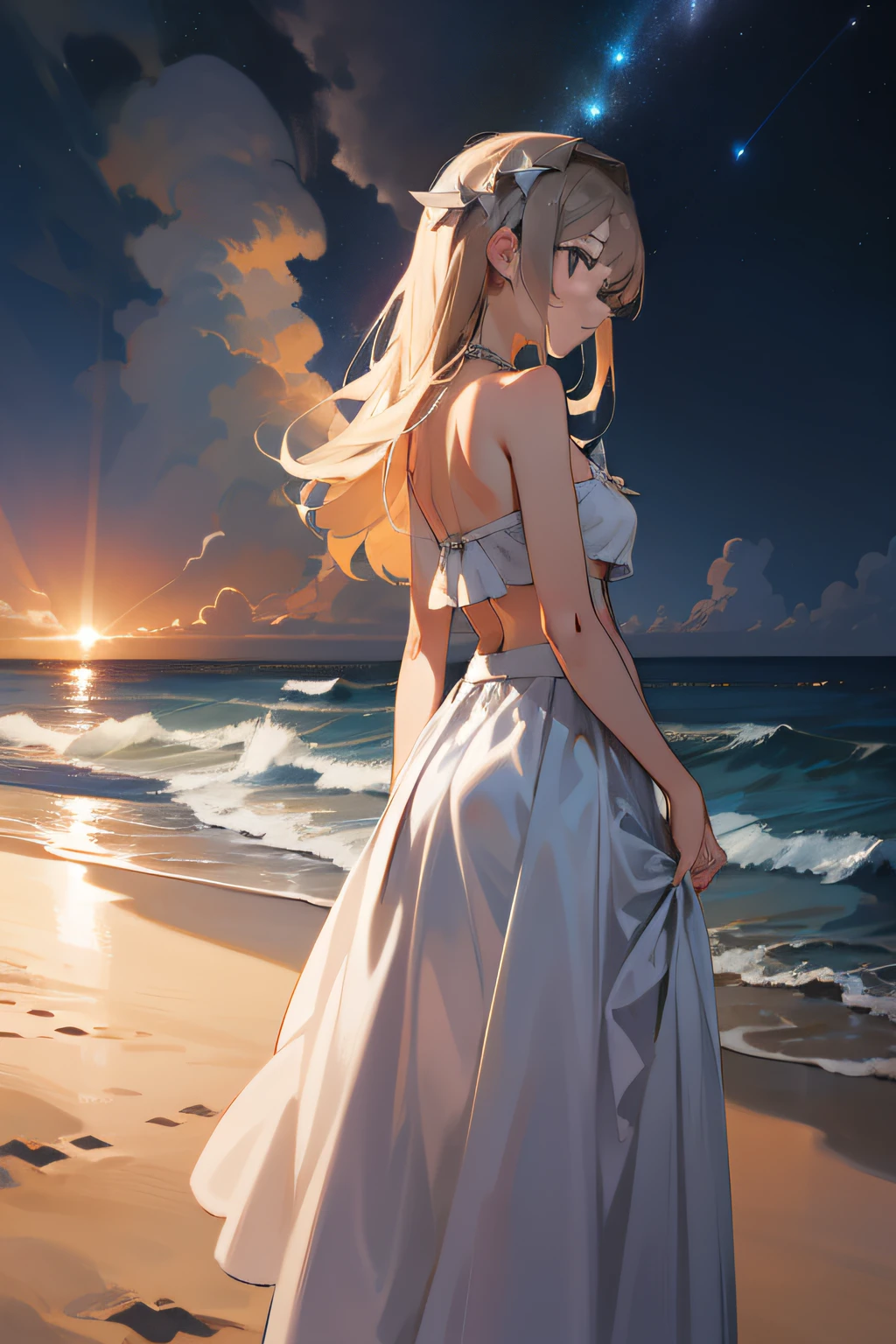beachside,one-girl,a white long skirt,sandbeach,Reef in the distance,the night,starrysky,gazing heavenward,8K, Super detail, ccurate, Best quality