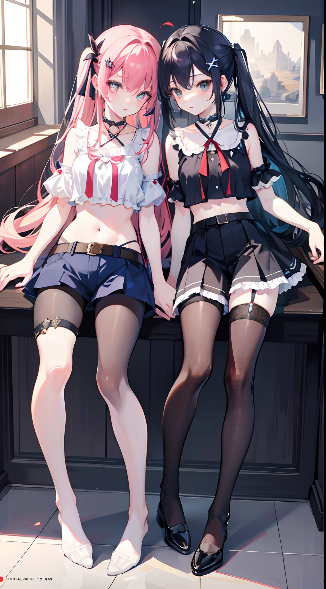 ,twins, masterpiece,best quality,official art,extremely detailed CG unity 8k wallpaper, 2girls, adorable girl, yuri, hair ornament, short shorts, crop top, pantyhose, ribbon_choker, leg belt,