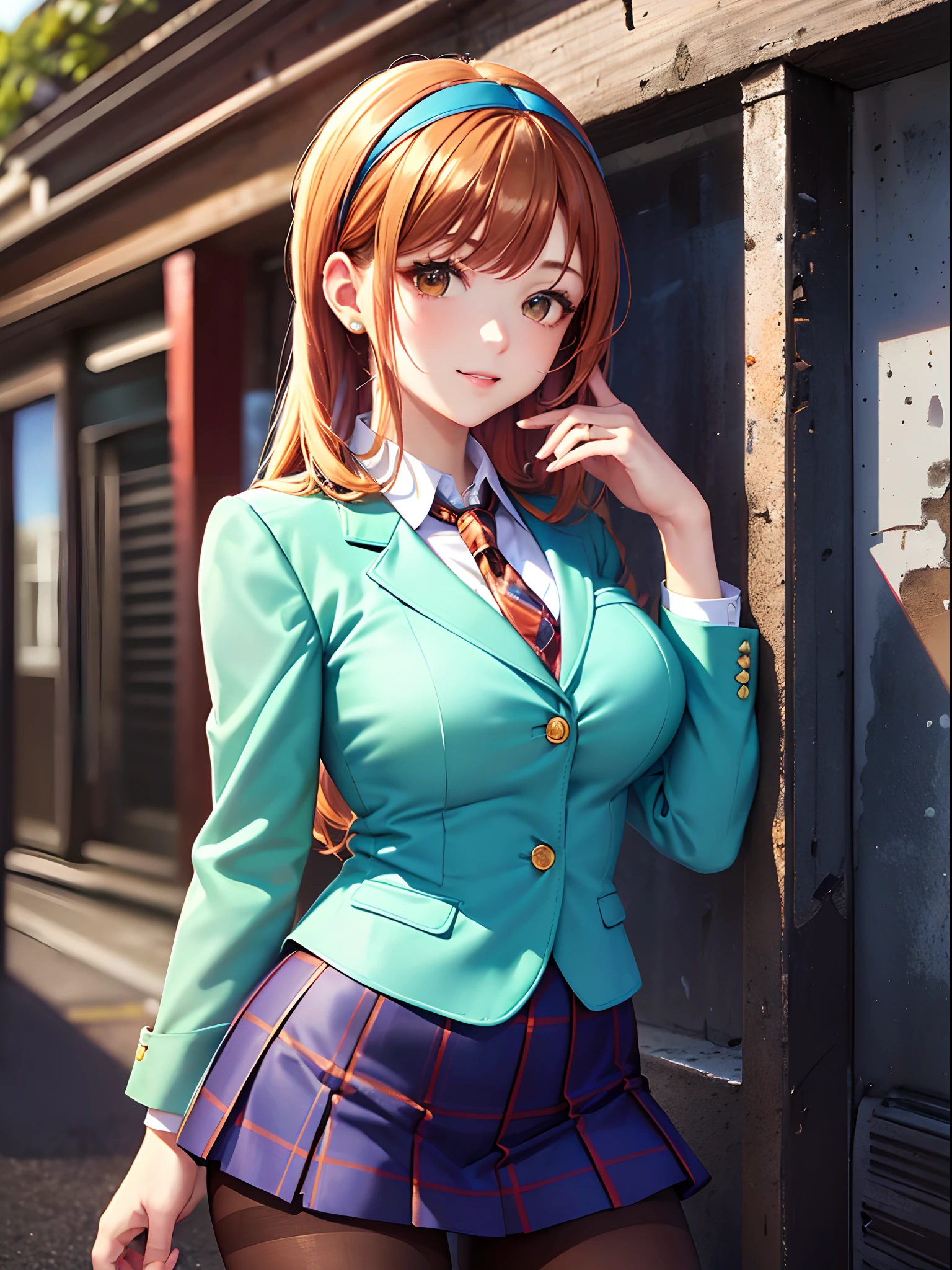 (masterpiece, best quality:1.2), <lora:mahousensei_kagurazaka-10:1>, cowboy shot, solo, 1girl, kagurazaka asuna, smile, closed mouth, looking at viewer, heterochromia, green eyes, blue eyes, arms behind back, school uniform, red blazer, long sleeves, plaid skirt