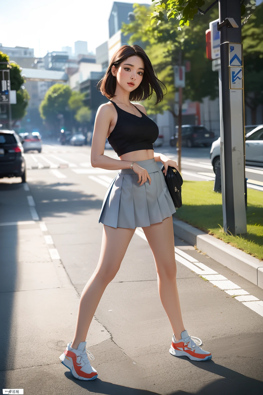 best qualtiy，tmasterpiece，k hd，1girll，(Full body photo，erect through)，(Hands behind your back), Nice face，Slim，Raised sexy，bite lips，Cold and glamorous，cropped shoulders，nabel，cabelos preto e longos，hair adornments，(long leges，Cross ed leg), (athletic sneakers，One shoulder，short  skirt)，Beautiful teenage girl，Ethereal dreams，Beautiful goddess，Detailed scenes, Eye-catching accessories, Picturesque, ((low  angle shot))，full bodyesbian，(Combat Stance 1.3)，dynamicposes