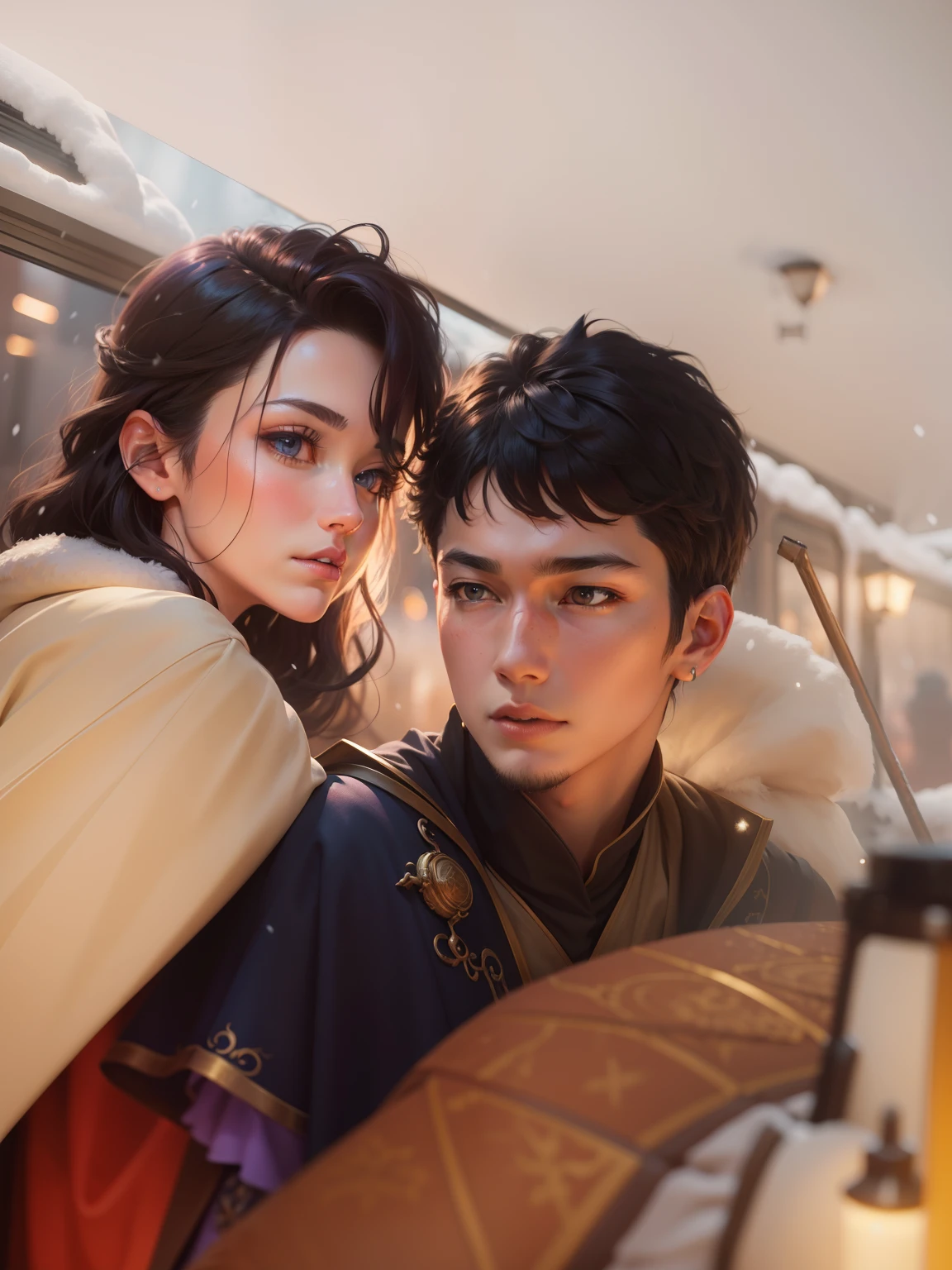 32K,(tmasterpiece,k hd,hyper HD,16k)short detailed hair,Vintage train sleeper area,Snow Circle Witch ,Two Golden Dragon Protectors (realisticlying:1.4),Python robe,Purple apron,Snowflakes fluttering,The background is pure, A high resolution, the detail, RAW photogr, Sharp Re, Nikon D850 Film Stock Photo by Jefferies Lee 4 Kodak Portra 400 Camera F1.6 shots, Rich colors, ultra-realistic vivid textures, Dramatic lighting, Unreal Engine Art Station Trend, cinestir 800,