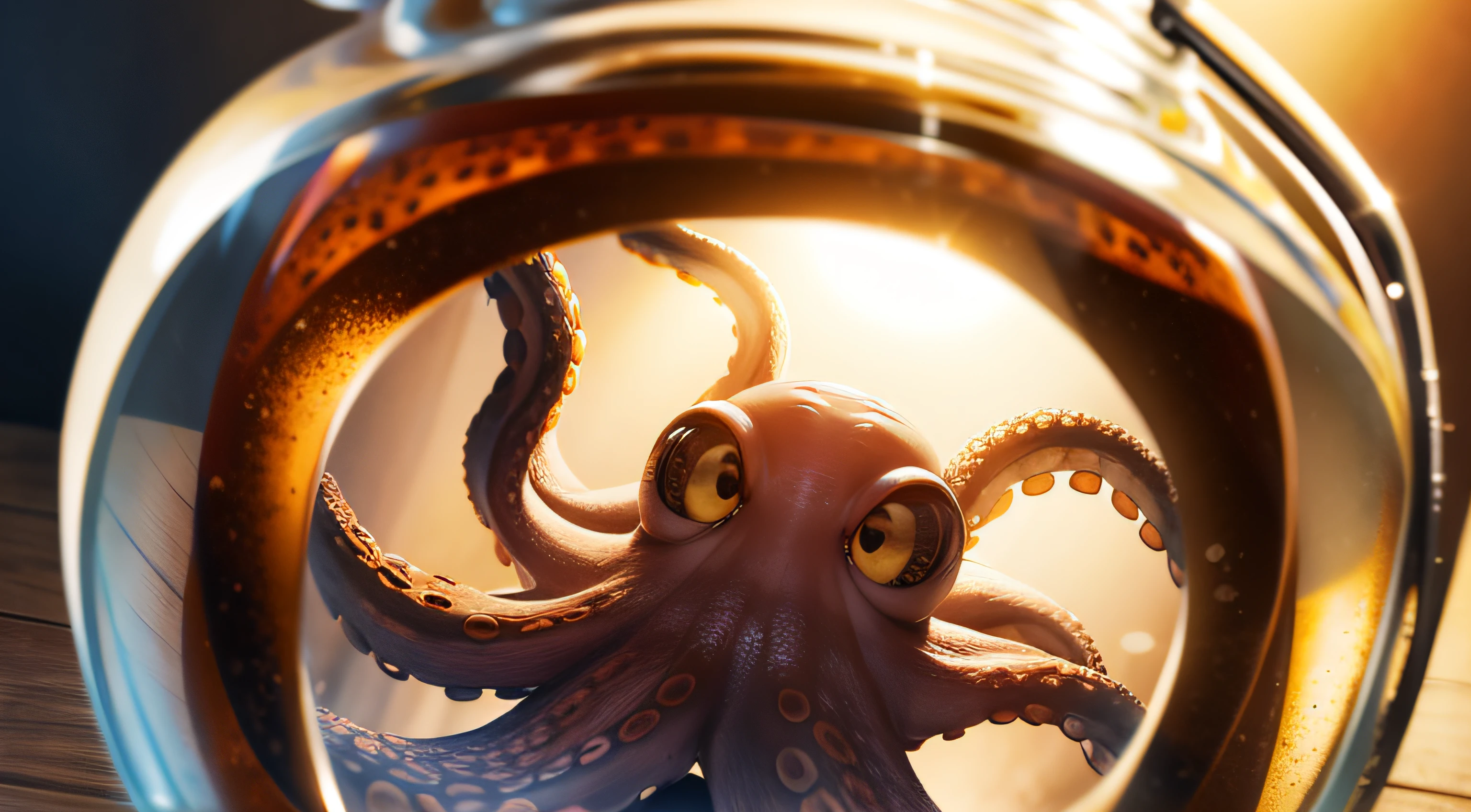 Octopus in a glass jar, first person perspective