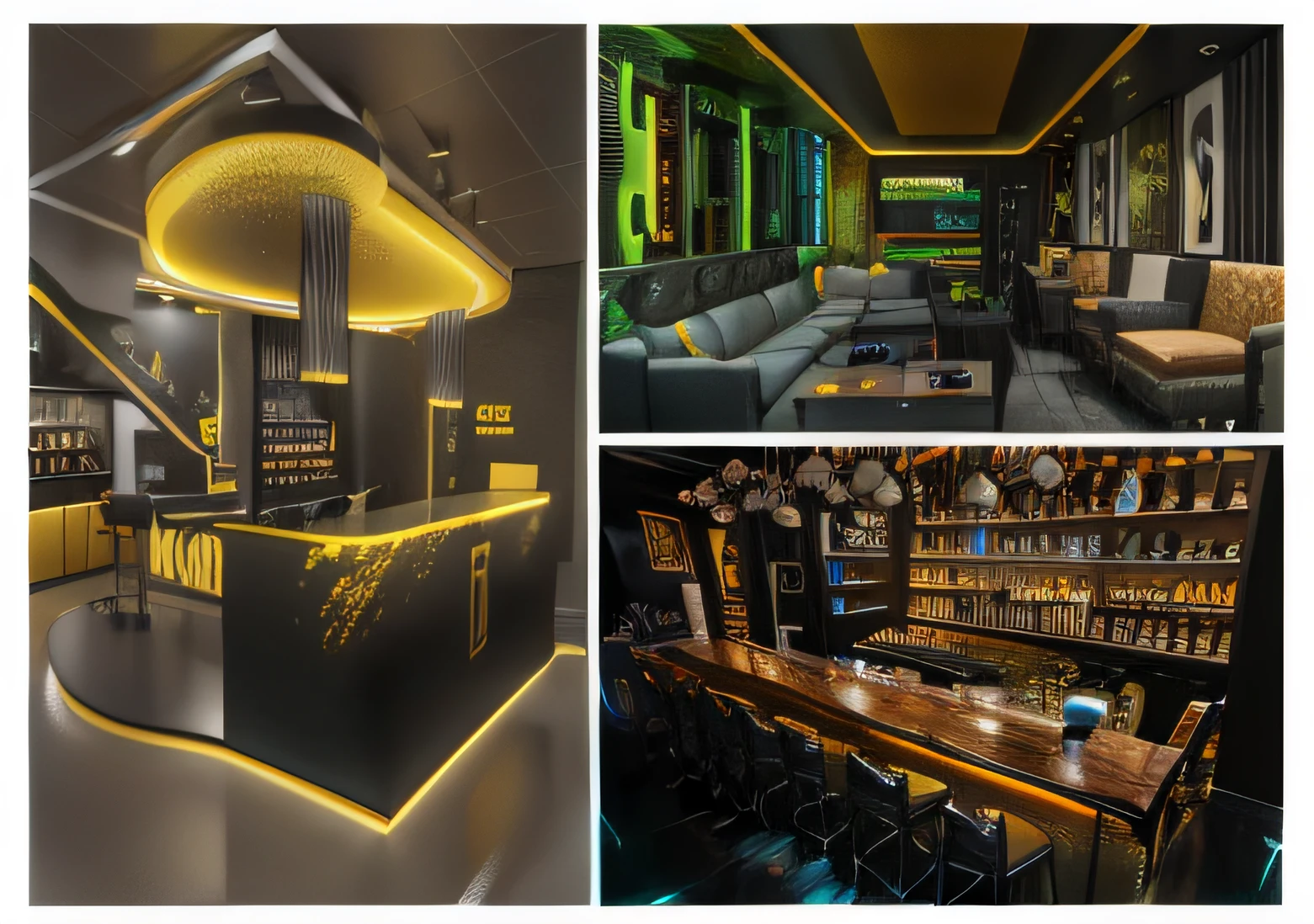 arafed image of a bar with a yellow light and a black counter, very smoky cyberpunk paris bar, an illustration of a bar/lounge, 3 d renders, metaverse concept art, night clubs and neons, very realistic 3 d render, detailed renderings, by Mathias Kollros, various lighting mood, conceptual, bar, highly detailed 3d render. Yellow orange and black, 3d