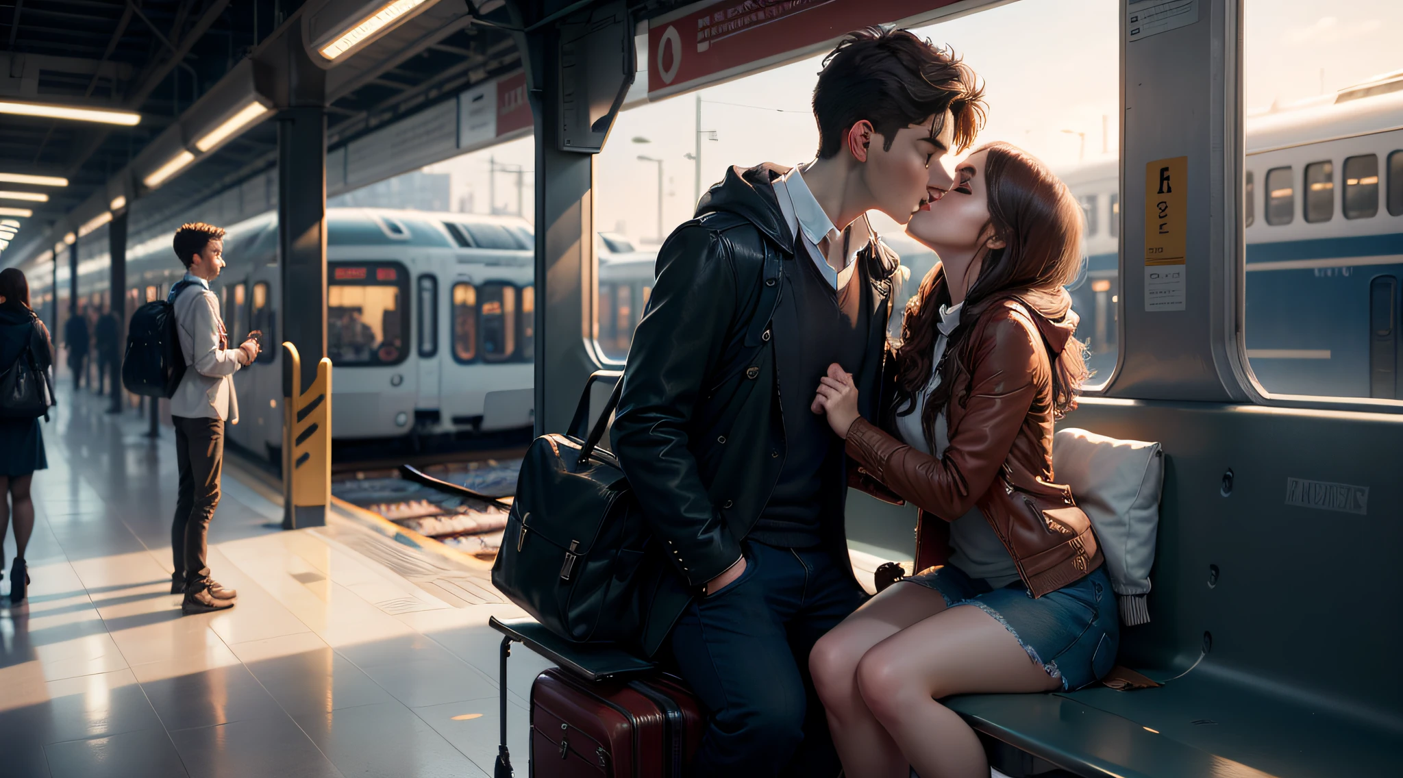 （（best qualtiy，8k，tmasterpiece：1.3））A boy and a girl，Kissing，Fine arms，Fine fingers，Full body photo，Train platform