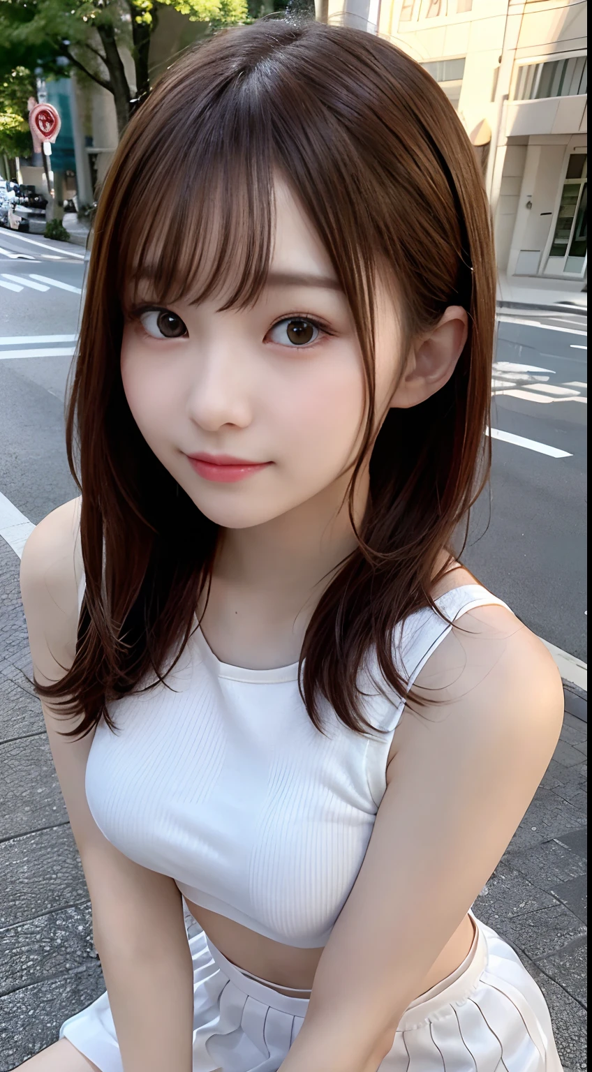 top-quality、超A high resolution、(Photorealsitic:1.4)、(ulzzang-6500:0.4)、Beautie、Korean Idols、18year old、length hair、light brown hair、Clean and wavy hairstyle、small tits、Very small breasts、Realistic eyes, slender narrow eyes、Beautiful eyes、A smile、croptop、Tank Tops、Wear a see-through shirt、a miniskirt、In the street、crouching down、slender、A slender、Slender body lines、Shot diagonally from above