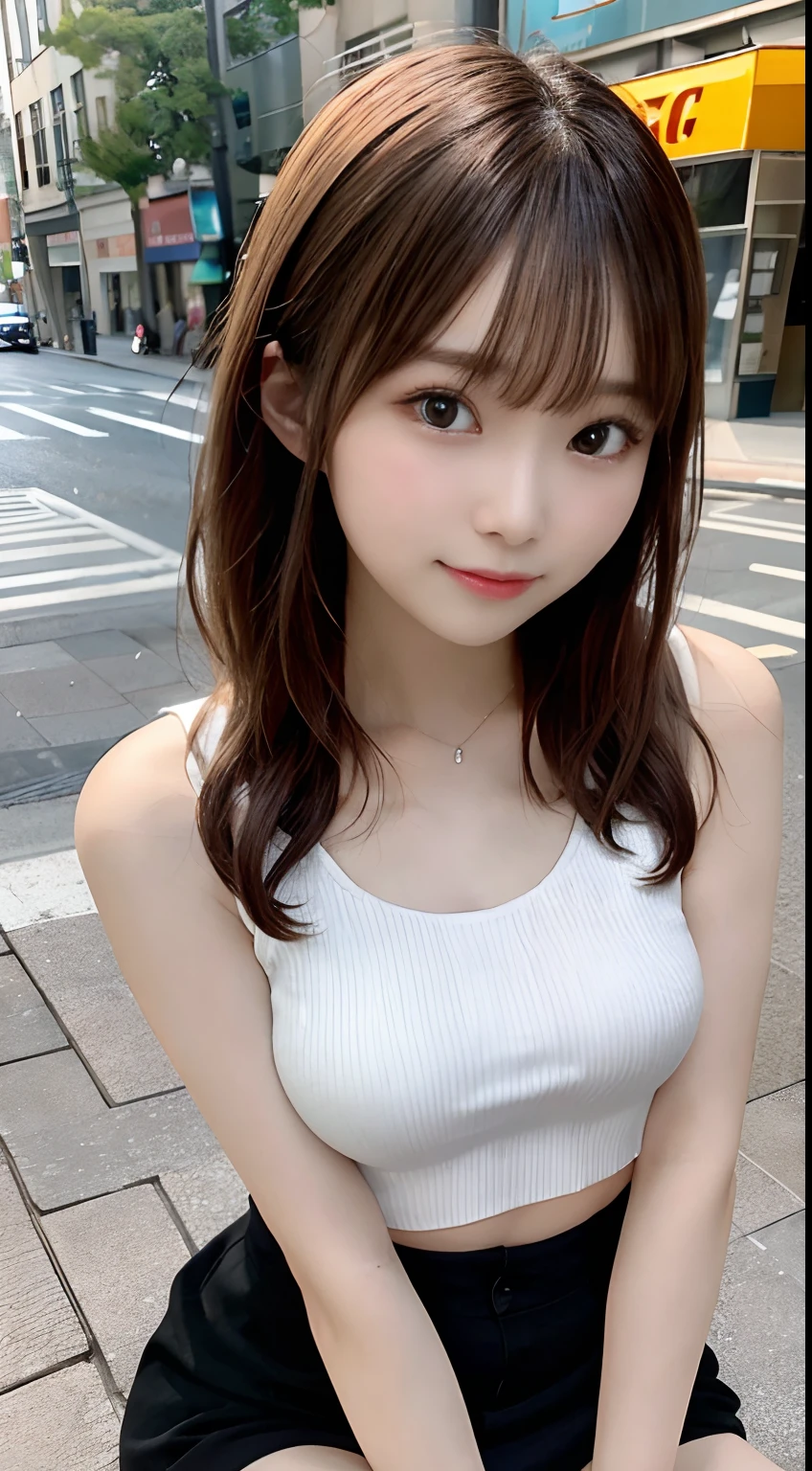 top-quality、超A high resolution、(Photorealsitic:1.4)、(ulzzang-6500:0.4)、Beautie、Korean Idols、18year old、length hair、light brown hair、Clean and wavy hairstyle、small tits、Very small breasts、Realistic eyes, slender narrow eyes、Beautiful eyes、A smile、croptop、Tank Tops、Wear a see-through shirt、a miniskirt、In the street、crouching down、slender、A slender、Slender body lines、Shot diagonally from above