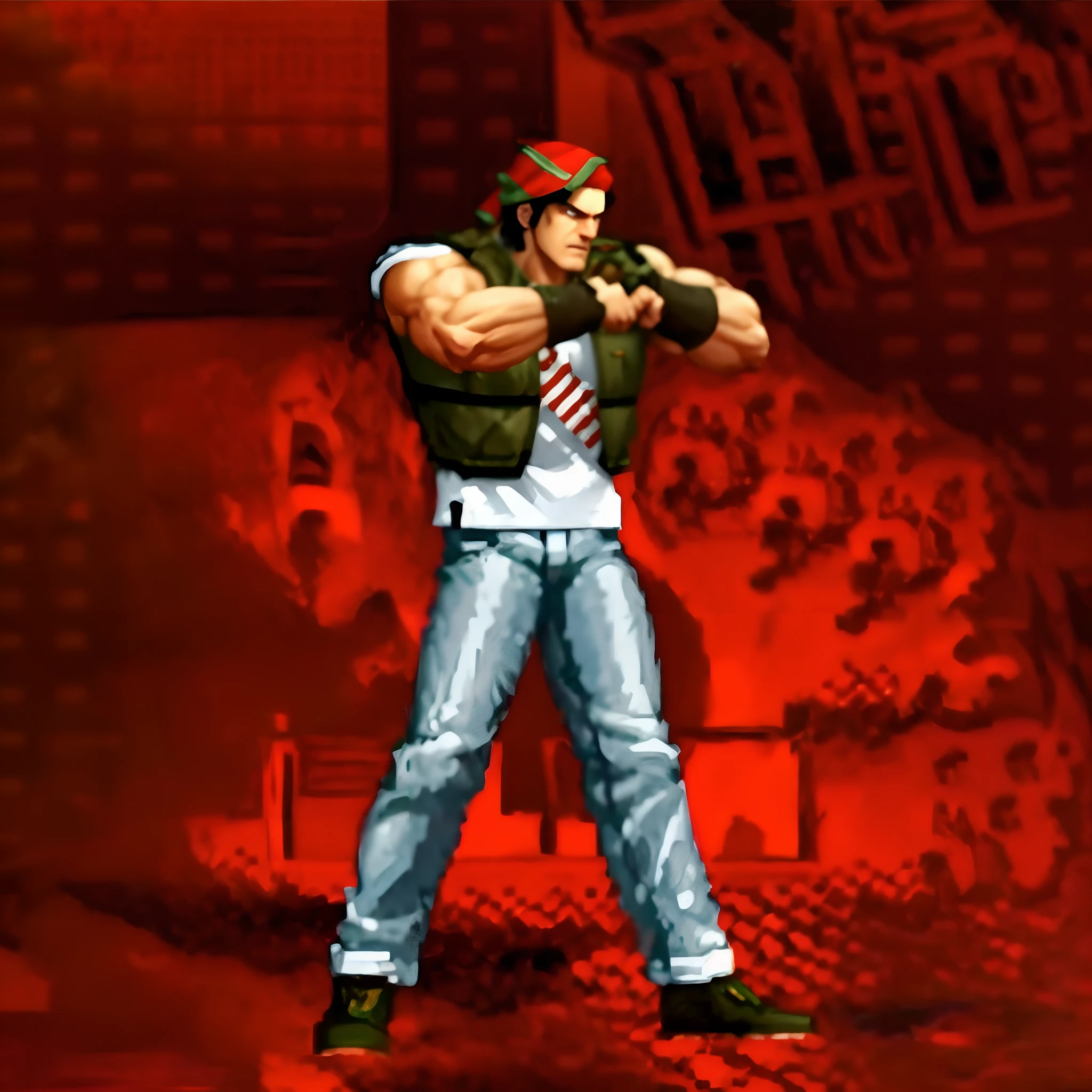 Muscle men, king of fighters style, 《king of fighter》role, Ralph Jones ,Wear a red-green headscarf , Wearing a green horse clip,Bullet chains in the chest,whitet-shirt ,Clench your fists