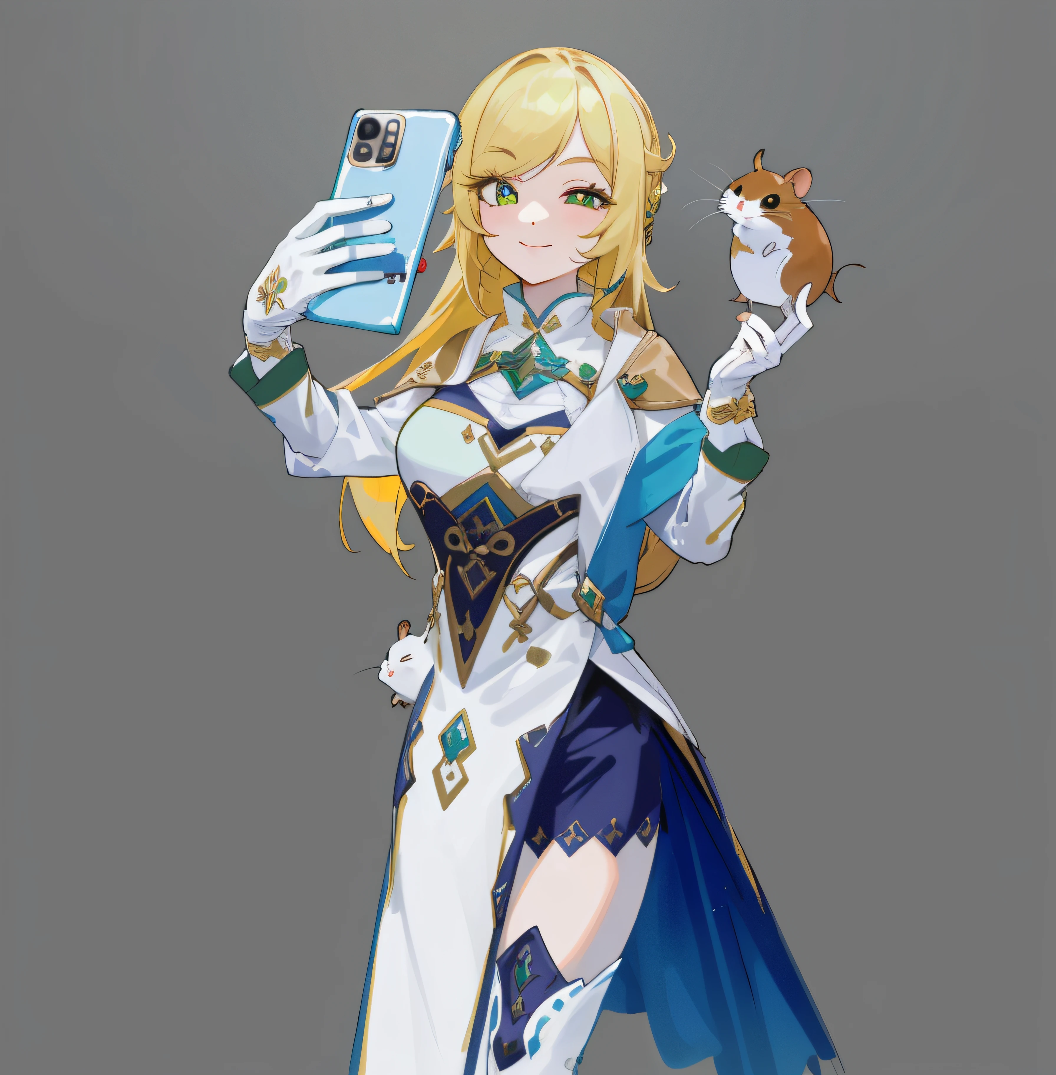 ((best quality)),((masterpiece)),((ultra-detailed)),beautiful girl taking selfies,mobile selfie,long yellow hair,eyeliner,double-fold eyelids,blinking with one eye,happy smiling face,green pupils,female mage clothing,glove,there is a cute hamster on the left hand,((clean background)),