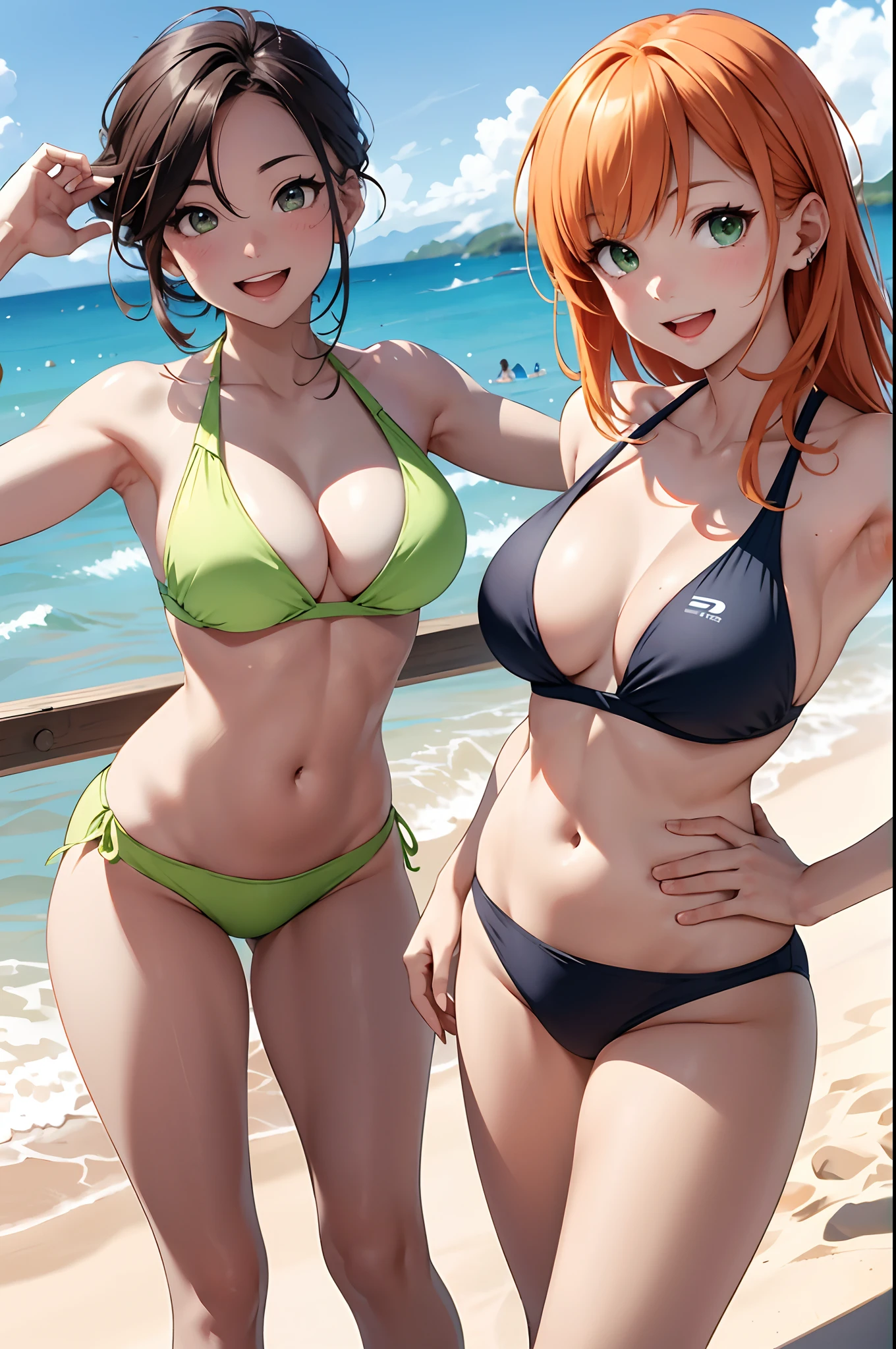 (top-quality、in 8K、32K、masterpiece、nffsw、超A high resolution、Impresionismo、Photorealsitic:1.2)、Full body, sand beach、beauitful face、blurry backround、18 year old beautiful girl、shinny skin、beautiful orange hair、Green eyes、Bikini swimwear、raise arms、beach balls、Curve、Dynamic Poses、Smile with open mouth、Two girls、