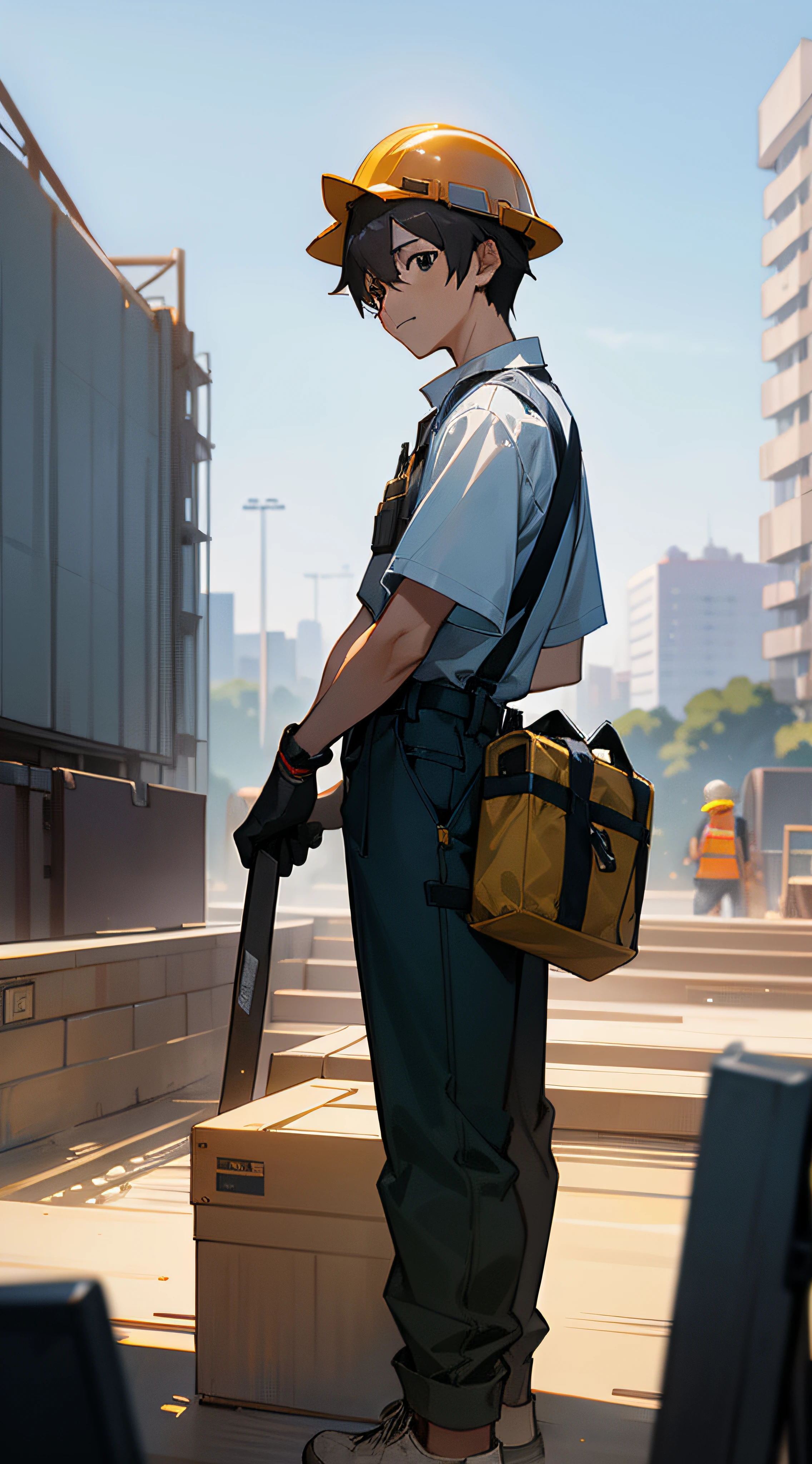 A -yeld mahigh school student works on a construction site,Wear a hard hat。Wear worksite clothing,8K分辨率,The is very detailed,Perfect character proportions,Estilo de Makoto Shinkai,pov,UHD, masterpiece,natomically correct,best quality,Site scene,On the ground,Skysky。Carts at the construction site,A thankful expression