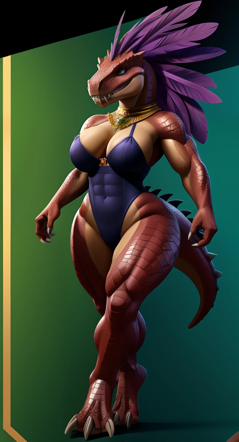 Anthropomorphic, furry, scaly, hybrid, woman, dinosaur, tyrannosaurus, black high cut leotard, black high leg leotard, sexy, curvy body, muscular body, thicc, claws, sharp teeth, fangs, tail, scales, hair, violet colored feather mane, fierce, busty, beautiful, lovely, savage, powerful, sexy legs, sexy hips, loving wife, giant, ruby red scales, emerald green scaled underside, violet stripes, confident, strong, blue eyes, slit pupils, long legs, seductive, loving, hourglass body, jewelry, fit body, short arms, fully scaled, big head, monstrous, beastly beauty, proud, close up, regal looking, dark skin, hard abs, bare feet, spikes, reptile, sensual, T-Rex, queen, transparent background, blank background, tail comming out of the spine,