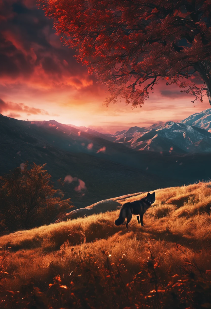 lone wolf，grass field，the sunset