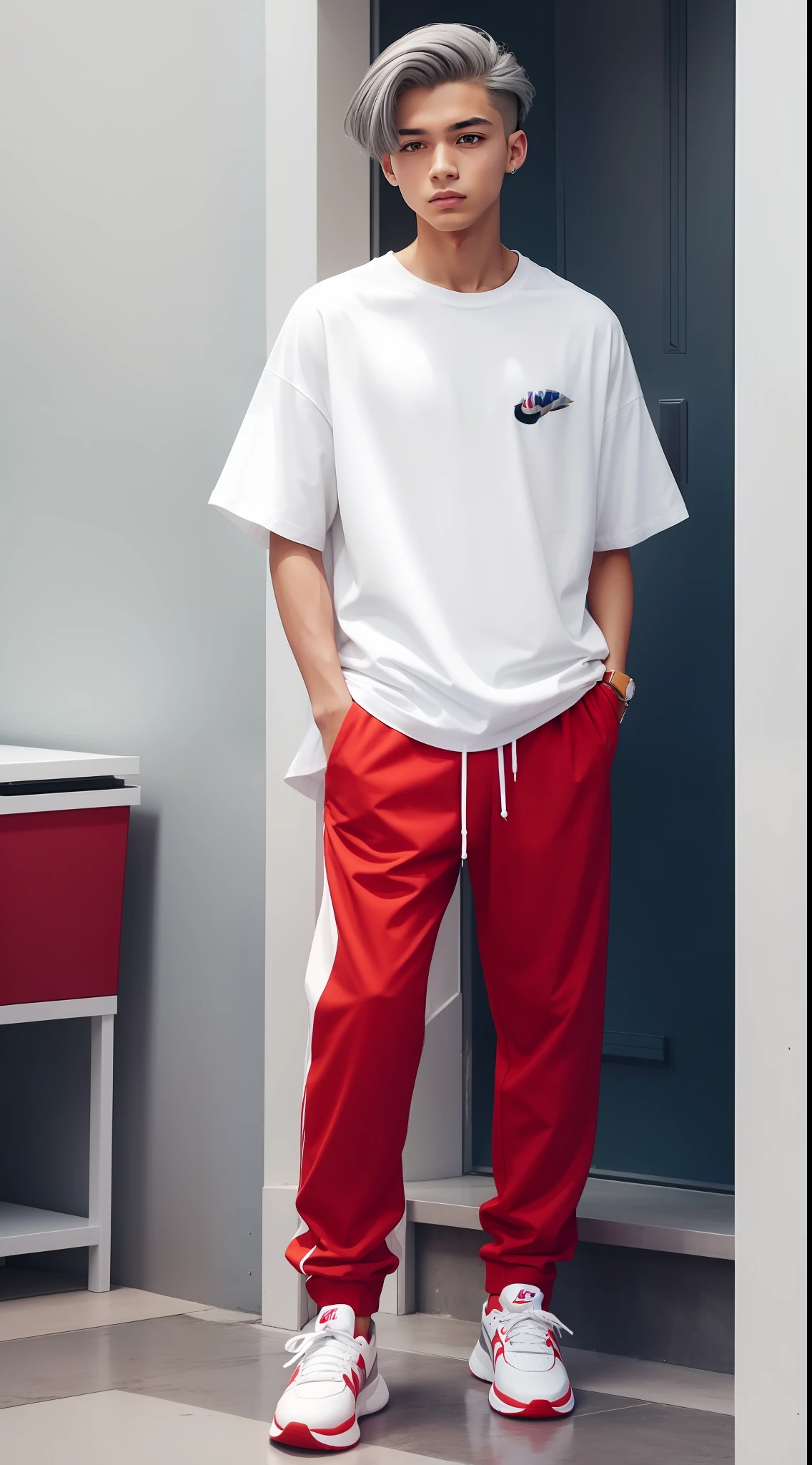 A boy in a white shirt and red pants is playing a video game,Minimalist style,Wear elegant casual clothing,muted red,Simple clothes,Milk and red style,casual clothing style,modern fashion outfit,Dressed as a fisherman,casual modern clothing,inspo , Red clothes, Red pants, , rred and white color scheme, casual business outfit, Scary face, Nike shoes, 18yr old, ((Gray hair))