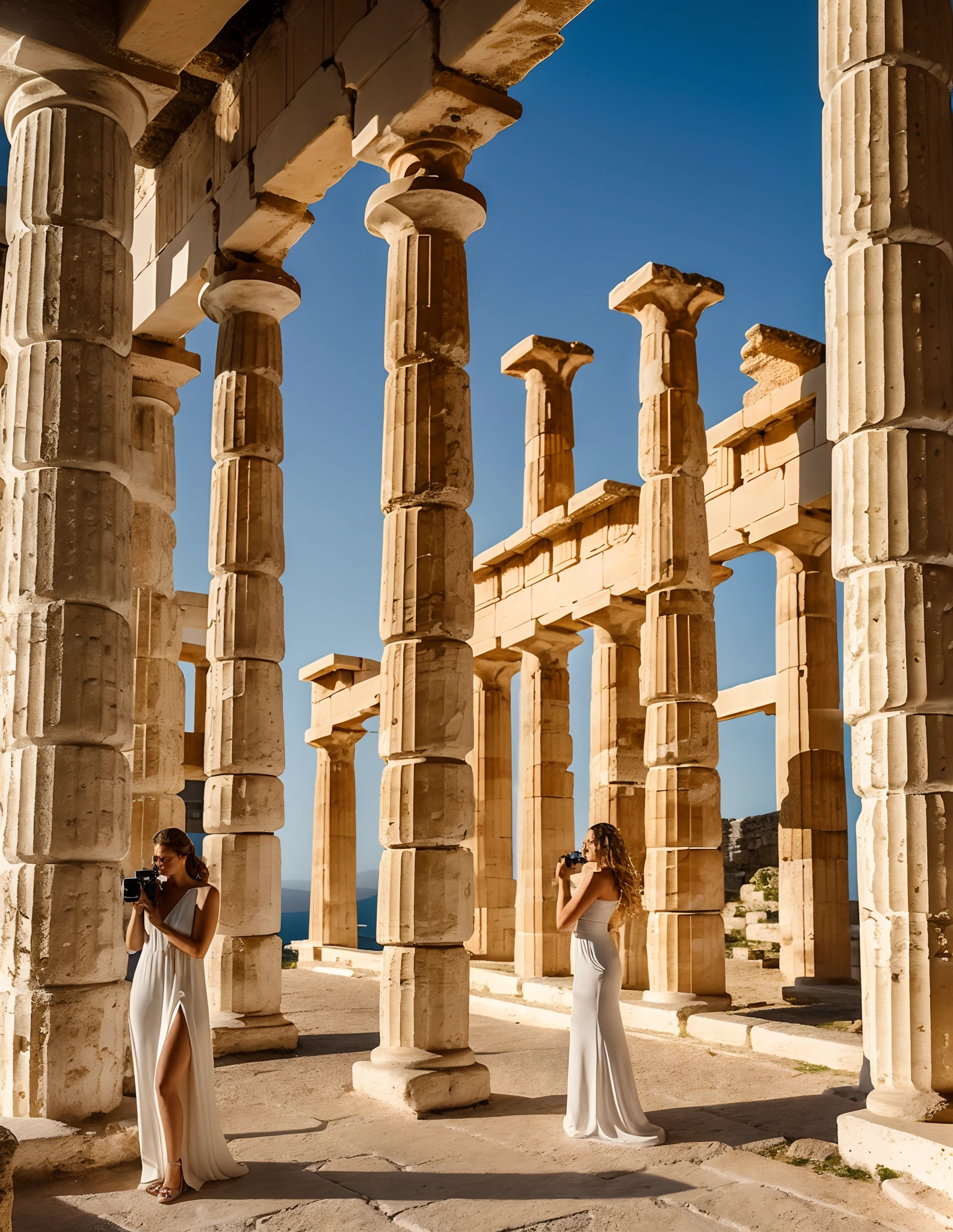 image of a 45-year-old man photographing a model in a historic ruin in Greece. The man is wearing casual photographic attire, holding a professional camera with a telephoto lens. The model is wearing a light, flowing dress, and it is positioned amid the columns of an ancient Greek ruin. The scenery exudes a sense of mystery and beauty, with sunlight casting soft shadows over architectural details. Capture the moment when the photographer is focused on their work, enquanto o modelo assume uma pose graciosa e elegante. As cores devem ser suaves e evocativas, conveying the historical aura of the place
