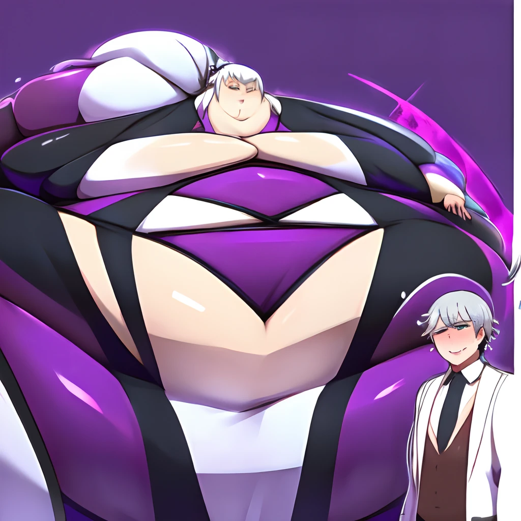 Anime,(( Solo,1Male)), long white hair , in a Ponytail , purple and White suit with Tailcoat, purple crystals, Evil , full body,((Masterpiece)),( High Aesthetic), ((highest quality)),fat,belly_bigger_than_body,hyper_hips ,over hang ,fat face , double chin, handsome, close up