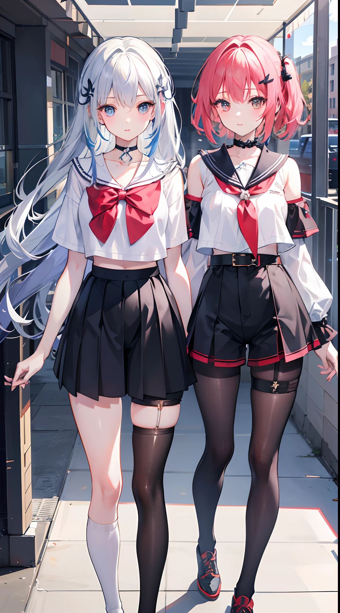 ,twins, masterpiece,best quality,official art,extremely detailed CG unity 8k wallpaper, 2girls, adorable girl, yuri, hair ornament, short shorts, crop top, pantyhose, ribbon_choker, leg belt,