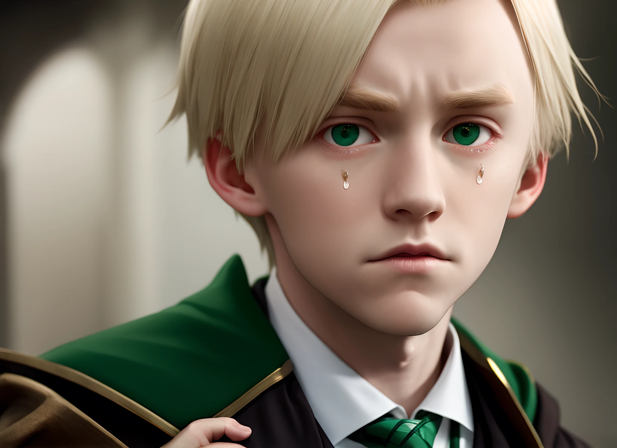 Pale complexion，boy，Hyper-Resolution，White blonde hair color，Minor tear troughs，Solemn，Suits，Slytherin，Malfoy bloodline，photorealestic，Fluffy hair，puberty，Looks like Malfoy，Ambitious，Abraxas Malfoy