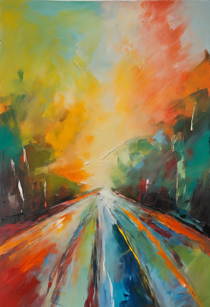 a expressionist painting of a highway, top view, night time, car lights