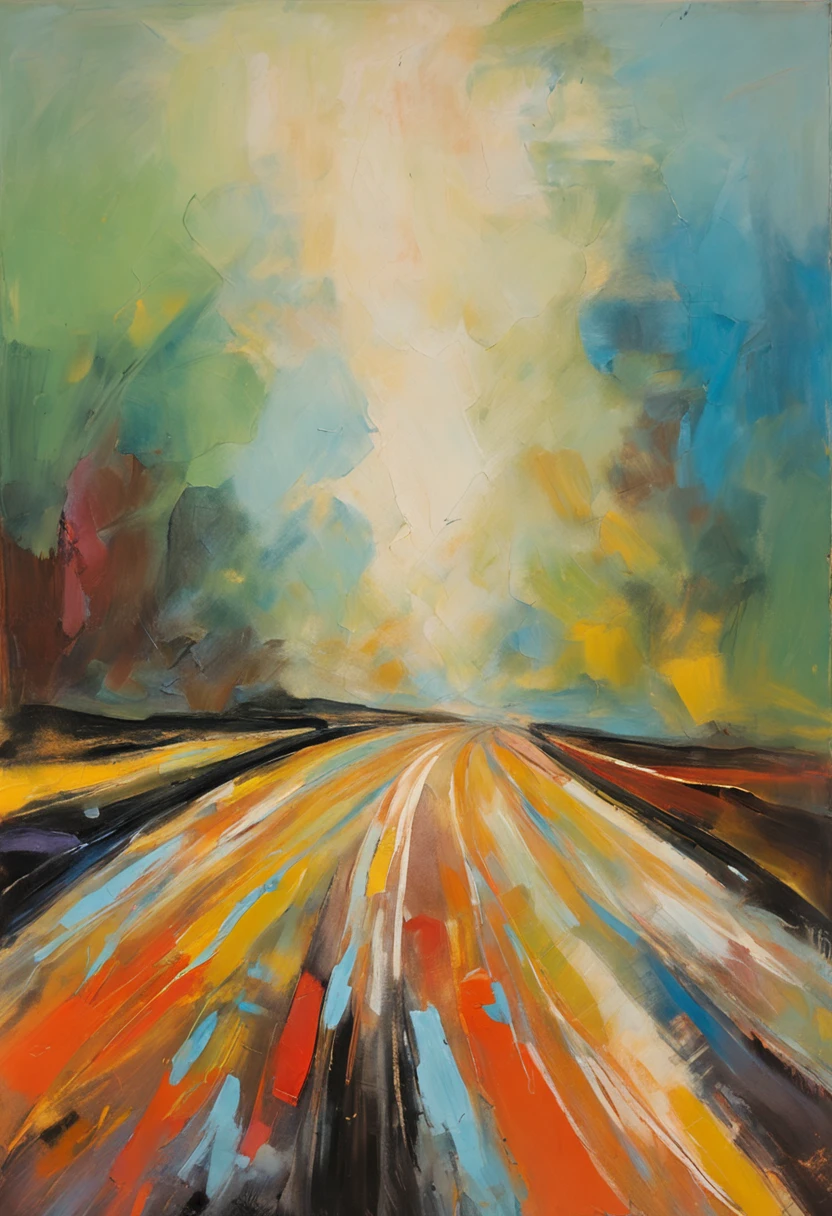 a expressionist painting of a highway, top view, night time, car lights