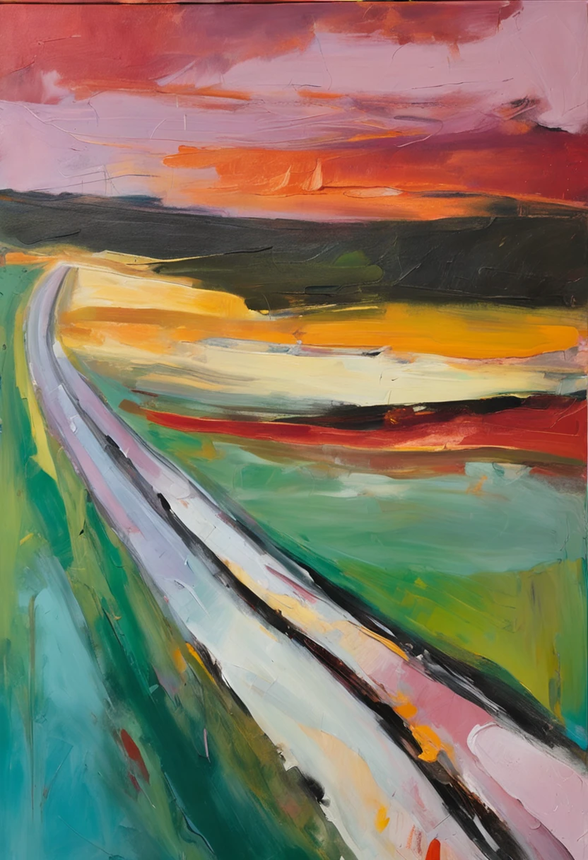 a expressionist painting of a highway, top view, night time, car lights