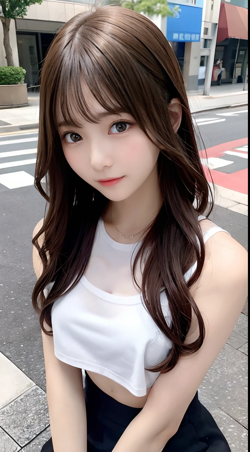 Sunburn marks on tanned skin、blush、Multicolored hair color、Bangs on the face、Bangs between the eyes、Super long hair、Beautiful bright transparent light blue big eyes that are charming and shining、A cute 16-year-old girl with a cute look, A strong wind blows my hair in front of my face、Beautiful big sparkling eyes, Cute eyes hidden by long bangs、Yawn、No visible nasolabial folds、A short, light-colored miniskirt、A cute and colorful summer shirt、Korean Beauty、Dark blush on the cheeks