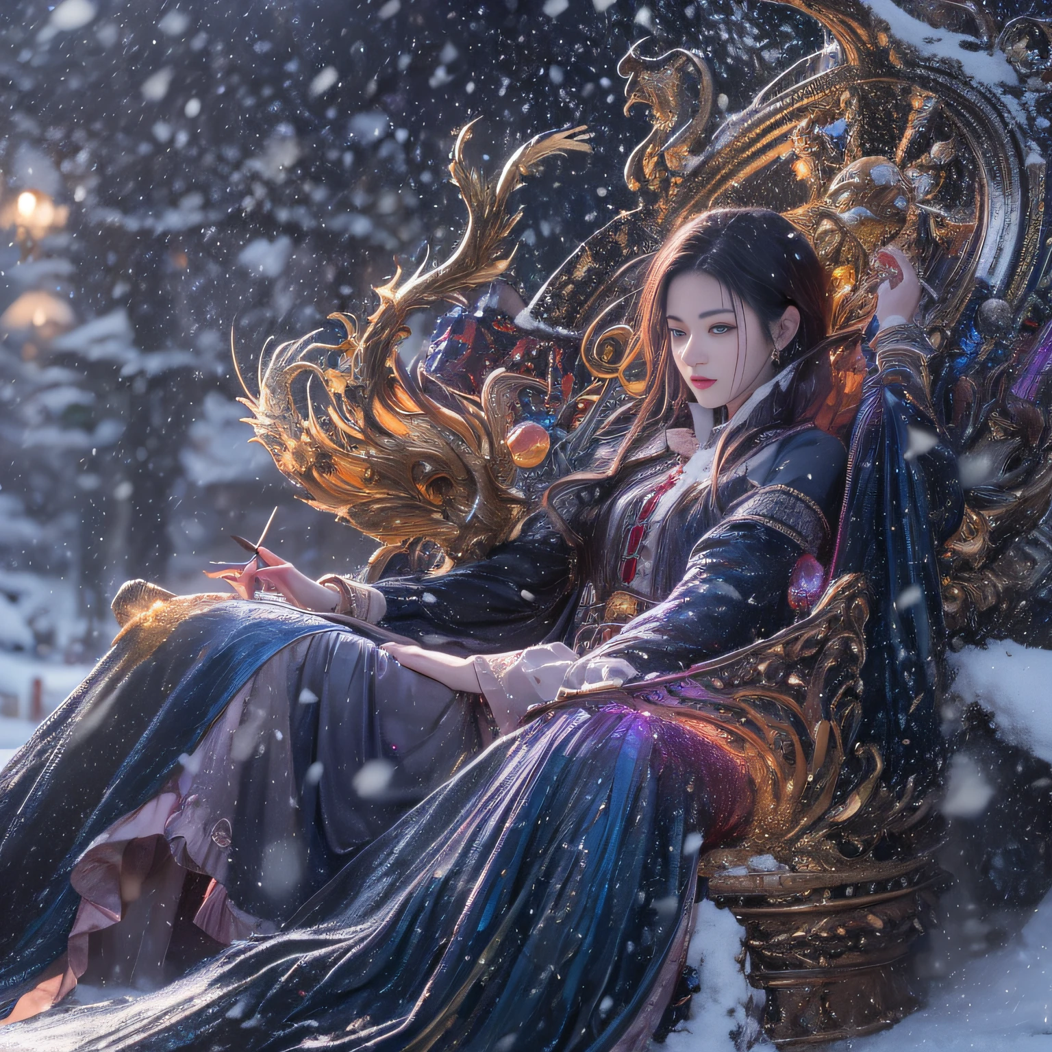 32K,（tmasterpiece，k hd，hyper HD，16k）short detailed hair，Vintage train sleeper area，Snow tubing ，Golden Dragon Protector （realisticlying：1.4），Python robe，Purple apron，Snowflakes fluttering，The background is pure， A high resolution， the detail， RAW photogr， Sharp Re， Nikon D850 Film Stock Photo by Jefferies Lee 4 Kodak Portra 400 Camera F1.6 shots, Rich colors, ultra-realistic vivid textures, Dramatic lighting, Unreal Engine Art Station Trend, cinestir 800，