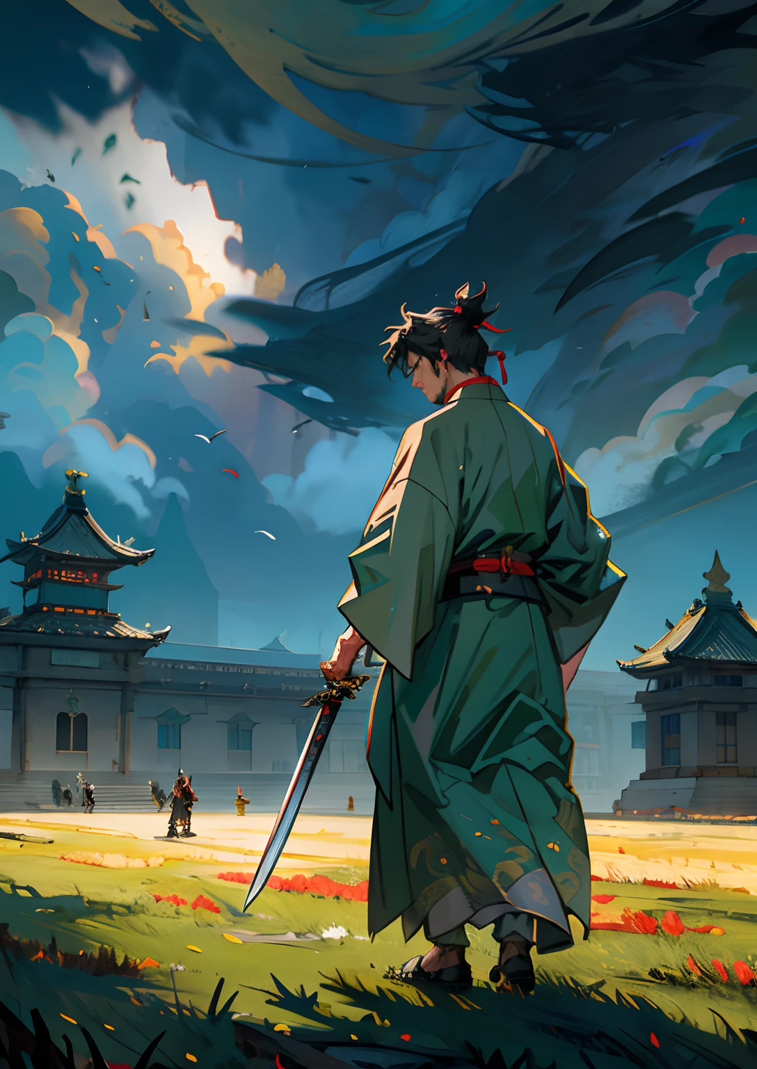 dark stormy clouds,In front of the royal palace,The palace burned and smoked,Wearing a jade pendant,clad in robes,Ancient Chinese man holding a bronze sword,Back,many samurai with spears standing opposite him