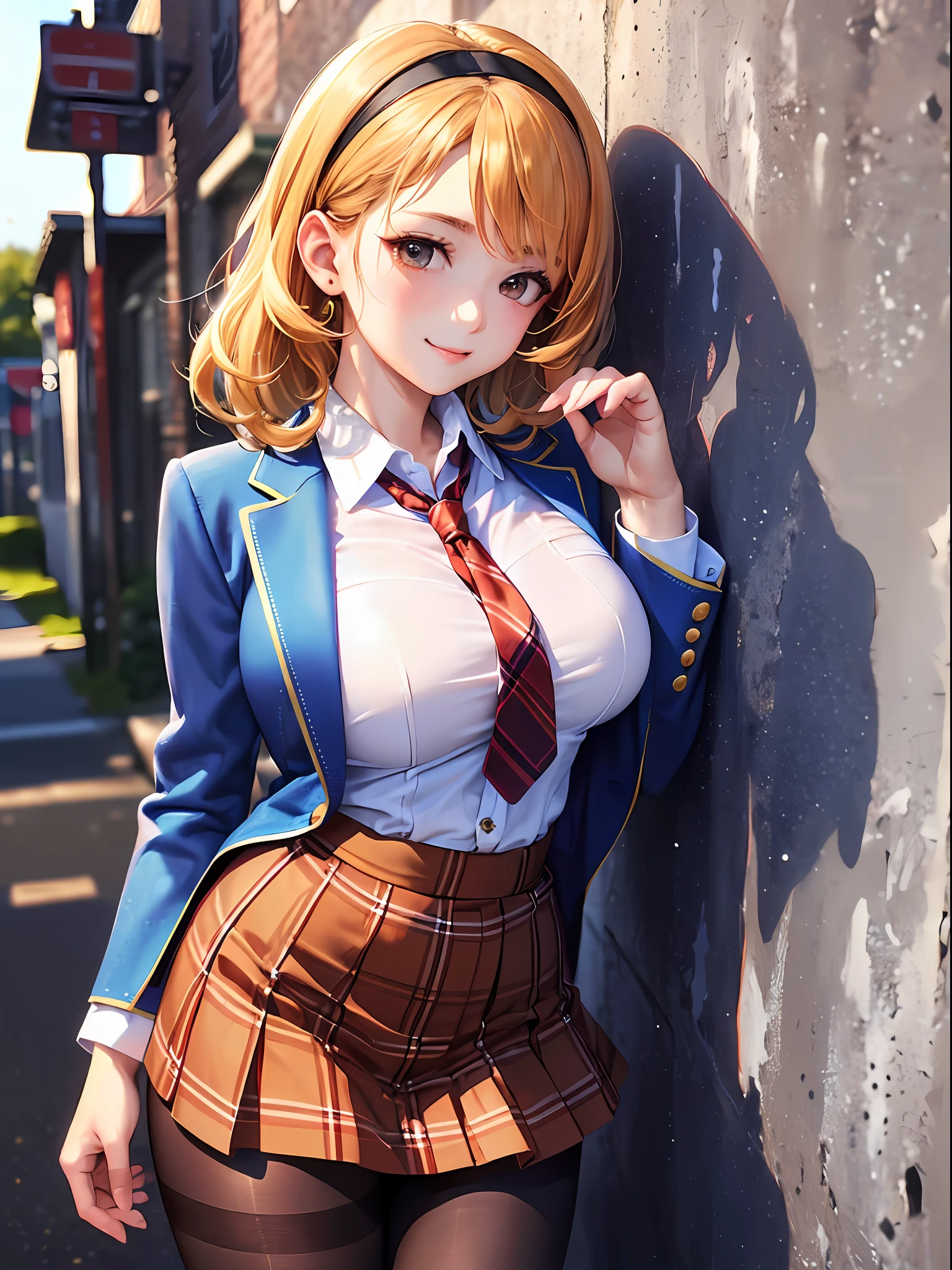 (top-quality: 1.3), (masterpiece: 1.3), (The ultra-detailliert: 1.3), (wall-paper, one girls: 1.1)、(Detailed hands and fingers:1.2)、(Detailed ultra-oily shiny skin:1.1)、oily shiny thighhigh、(White shirt with collar and buttons:1.2)、(Light Blue Blazer:1.4)、(Red tie:1.1)、(Yellow and brown plaid mini skirt:1.3)、(Brown pantyhose:1.2),(blondehair:1.2)、ssmile、(Beautiful Large Breasts:1.3)、Medium Hair、straight haired、(Cute Red Hair Band:1.1)、Beautiful sister、(School Grounds:1.3)、sexypose、Stretch