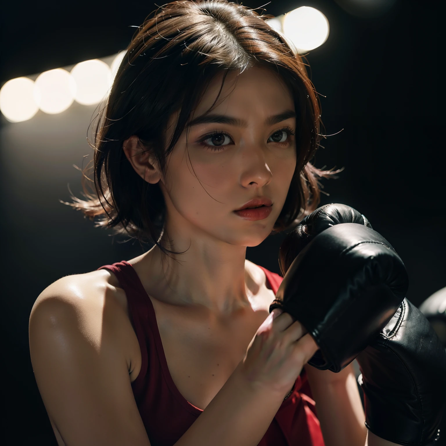 hightquality, a beauty girl, Martial artist's body, Vintage fashion, Punch a boxing bag, Determined eyes, Punching, Boxing Bag, Martial arts, Best Quality, Boxing Dresses, Deep and rich colors,fashion illustration. Perfect face, Detailed eyes, Detailed pupils, A dark-haired, Hairstyle Bob, Deep Shadows , on a stage, Superfar Shot , Abs Bakibaki, musculature,