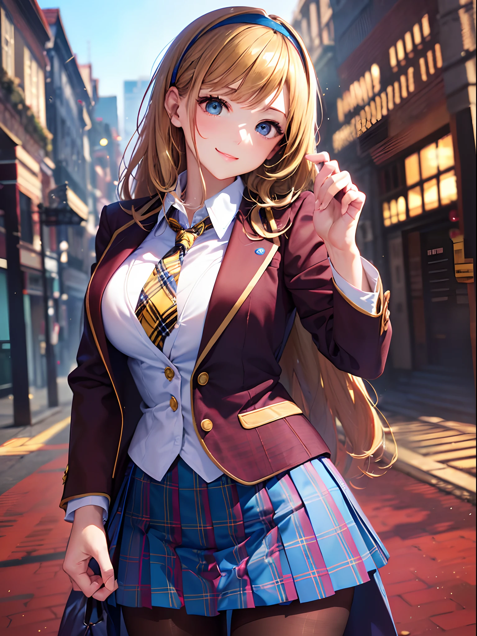 (top-quality: 1.3), (masterpiece: 1.3), (The ultra-detailliert: 1.3), (wall-paper, one girls: 1.1)、(Detailed hands and fingers:1.2)、(Detailed ultra-oily shiny skin:1.1)、oily shiny thighhigh、(White shirt with collar and buttons:1.2)、(Light Blue Blazer:1.4)、(Red tie:1.1)、(Yellow and brown plaid mini skirt:1.3)、(Brown pantyhose:1.2),(blondehair:1.2)、ssmile、(Beautiful Large Breasts:1.3)、Medium Hair、straight haired、(Cute Red Hair Band:1.1)、Beautiful sister、(School Grounds:1.3)、sexypose、Stretch