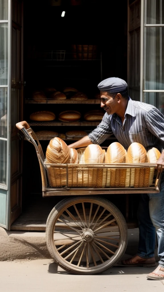 a man sells bread in a cart