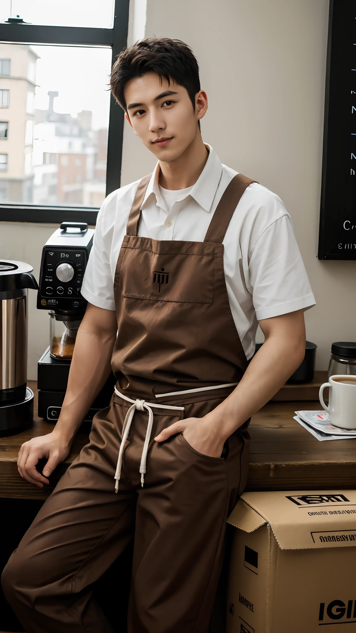 1人，A 20-year-old man in a café，Barista，Coffee is being made，Facial hair，Brown apron，Brown bandana，Sit Pose，leg apart，whitet-shirt，short white pants，Slender figure，Handsome，full bodyesbian，Exposing thighs，Expose calves，Thick leg hair，Large bulge at the crotch，leg apart，pervert smirk，janelas，View of the street from the window，rays of sunshine，Plenty of ground coffee and cups，Huge coffee machine，Coffee packaging box，In a dark café，gentlesoftlighting，tmasterpiece，best qualtiy，8K  UHD，digital SLR camera，filmgrain，Fujifilm XT3 Realistic painting art，Written by Midjourney and Greg Rutkowski