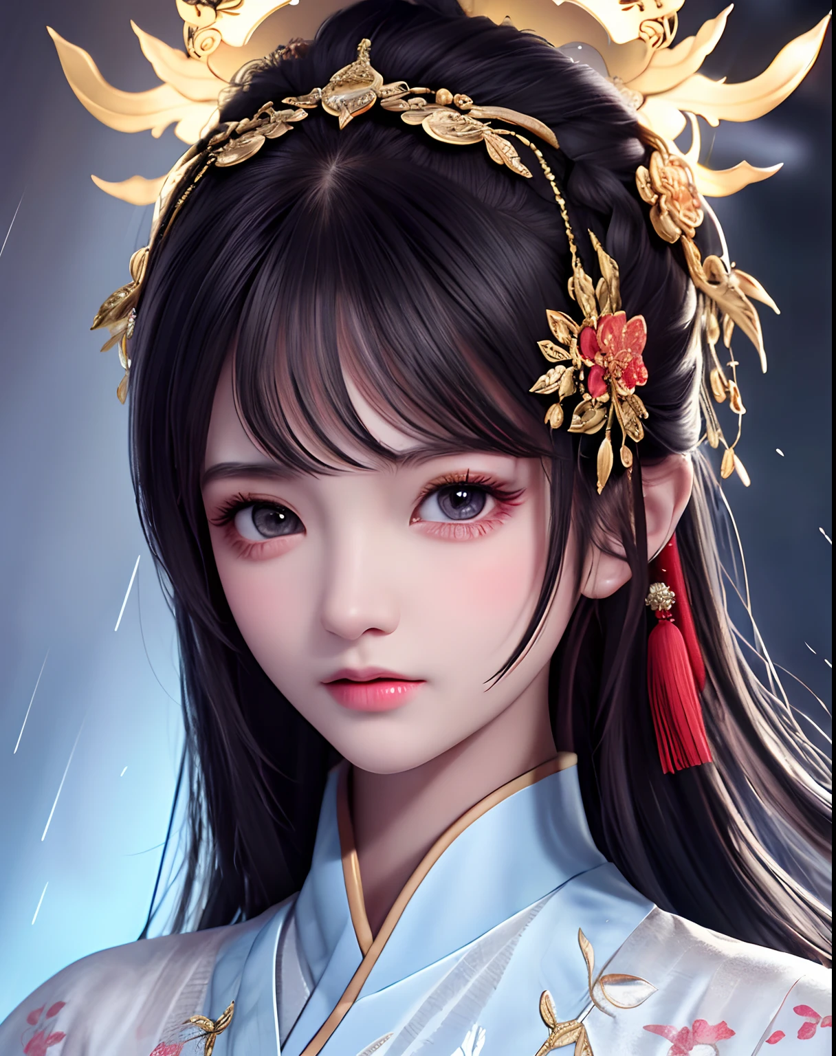 Master masterpieces,illustration,teens girl,Detailed depiction,raining night,ninjartist,A detailed eye,(Chinese costumes),(short sword),(Lightning),(Black flower mask)(Cold),(The red pattern on the face),Indifferent eyes,(Beautiful sharp eyes),(Impeccable)long and flowing hair,,Grim expression,Deep big eyes,cinematric light,Handsome(A masterpiece),(tmasterpiece),(Highest image quality),(detail-rich),(Clear face),(Beautiful and fine eyes)(Detailed facial depiction),(Meticulous hand description),(Beautiful CG),Extreme light and shadow,(Delicate facial features),