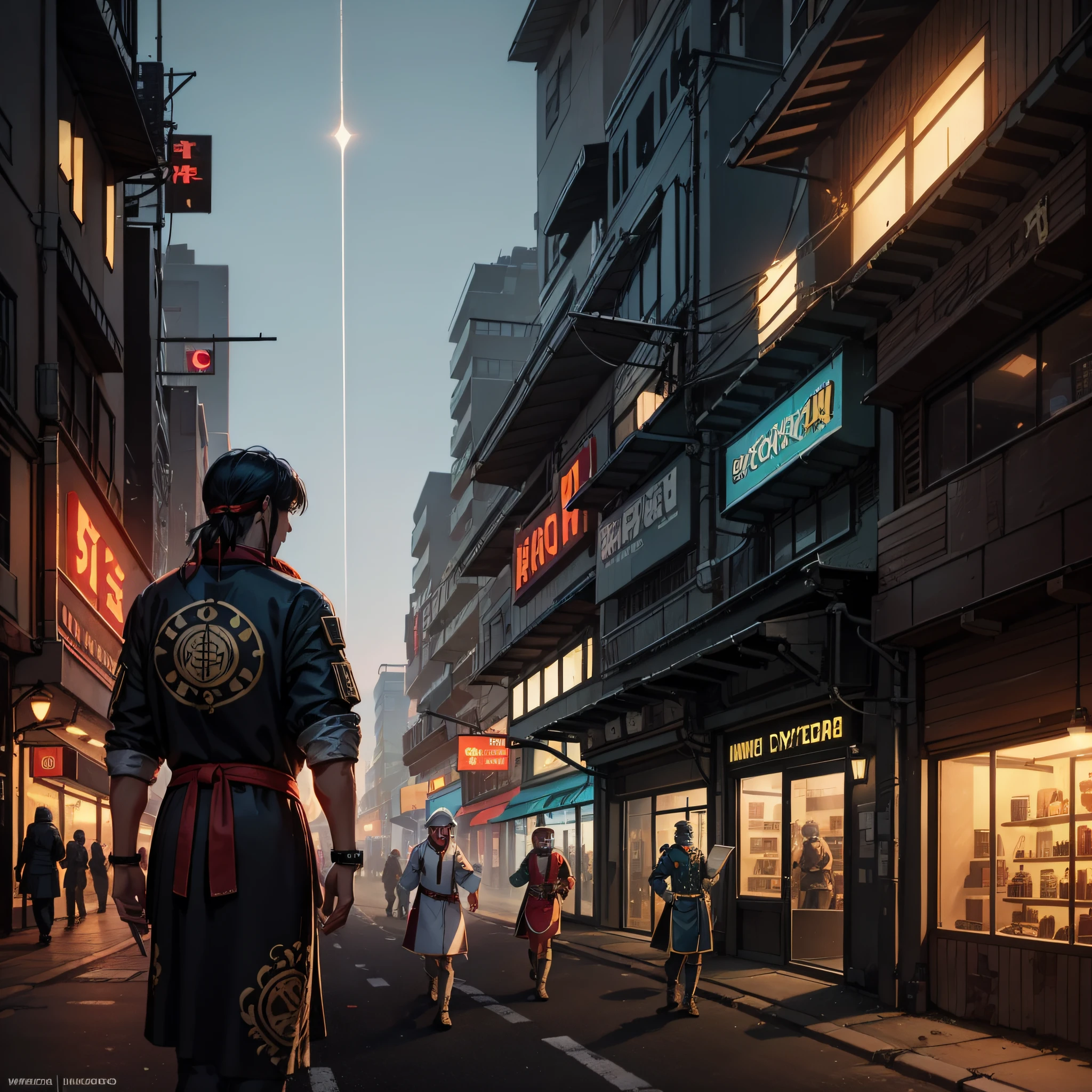 Mongolian costumes,Ranger,Architecture in the desert,There is unreadable text,Smoking on street corners,cyber punk perssonage,the night,Machinary,High quality details,Retro animation style,Ultra-clear details,4K,There are spaceships in the sky