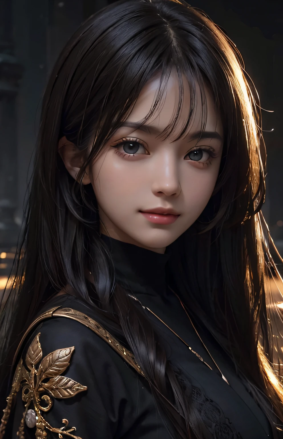 A close up of a woman with long hair wearing a black dress - SeaArt AI