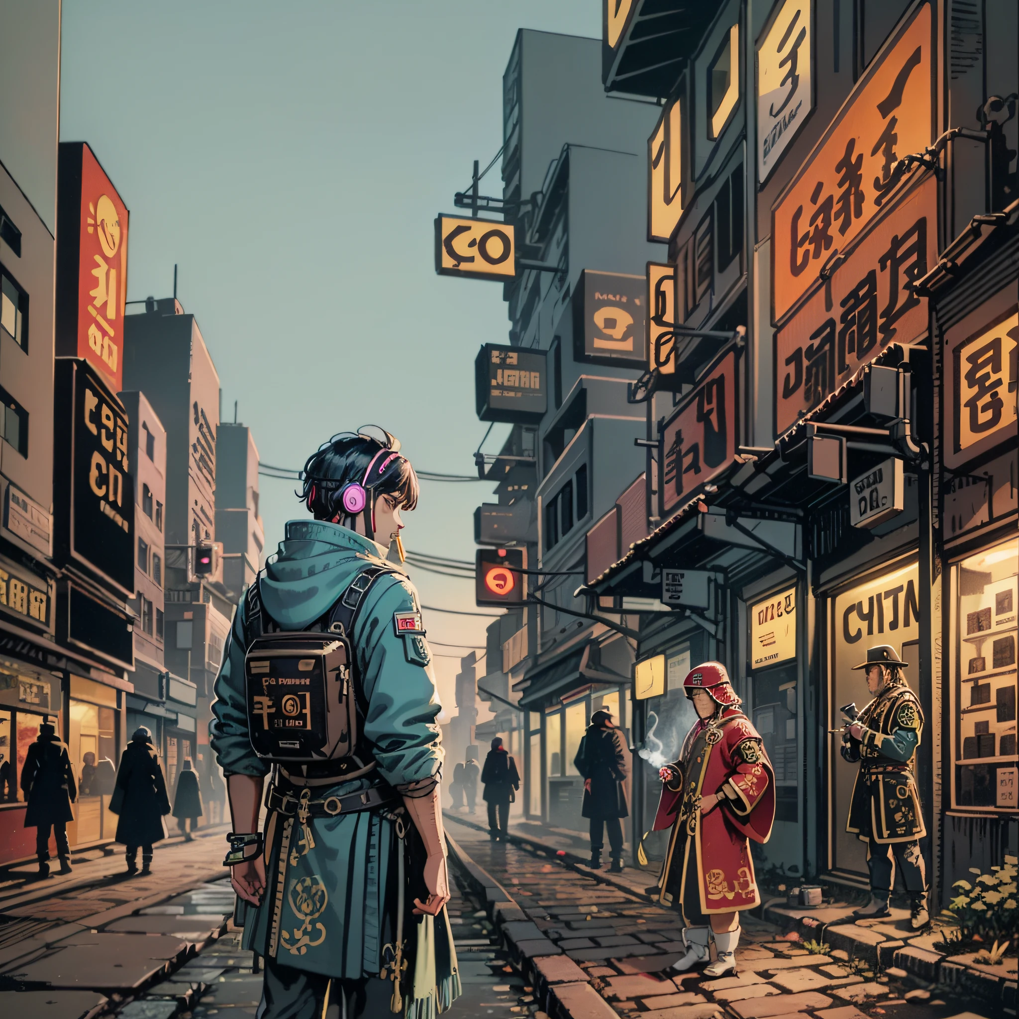 Mongolian costumes,Ranger,Buildings in the desert,There are unreadable texts,Smoking on a street corner,cyber punk perssonage,the night,Machinary,High quality details,Retro animation style
