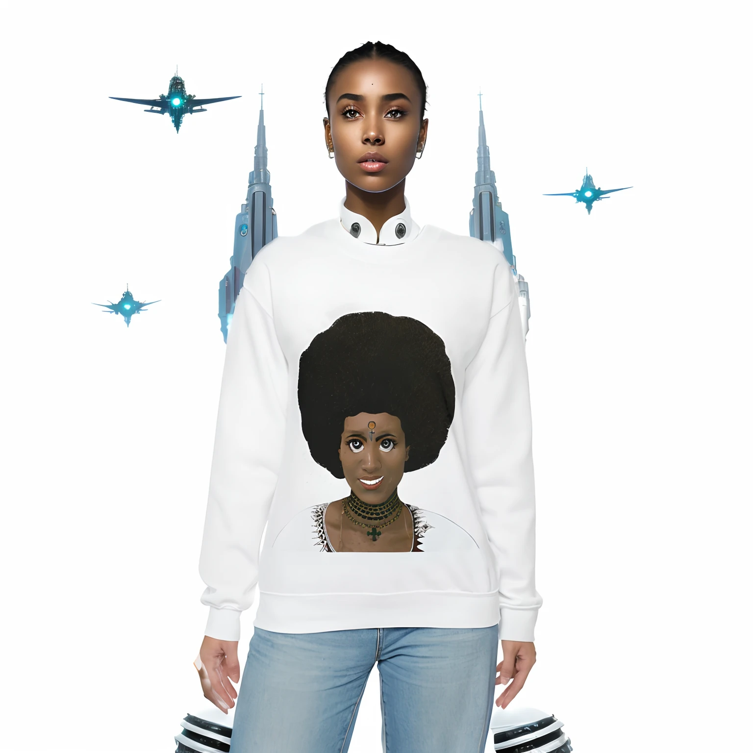 "A stunning Ethiopian girl with light skin striking a pose amidst massive floating alien spaceships, set against a backdrop of cyberpunk sci-fi."