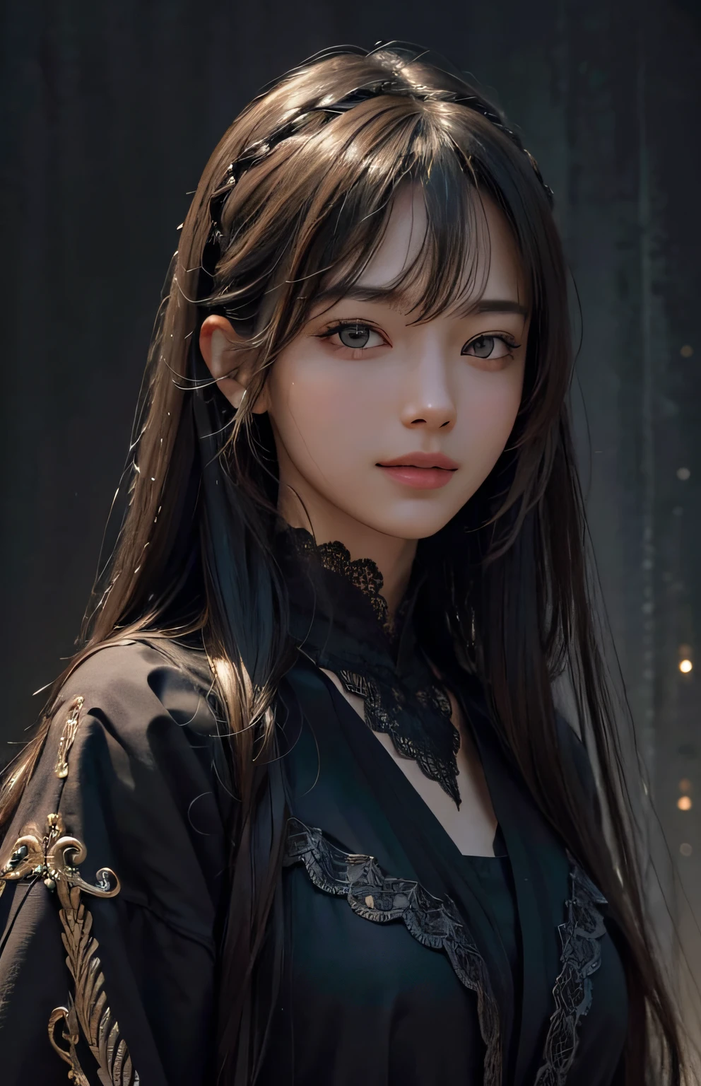 (Ultra Realistic), (Illustration), (Increased Resolution), (8K), (Extremely Detailed), (Best Illustration), (Beautiful and Detailed Eyes), (Best Quality), (Ultra Detailed), (Masterpiece ), ( wallpaper), (detailed face), solo, 1 girl, looking at viewer, fine details, detailed face, in the dark, deep shadows, low key, pureerosfaceace_v1, smiling, long hair, black shawl straight hair , 46 points oblique bangs