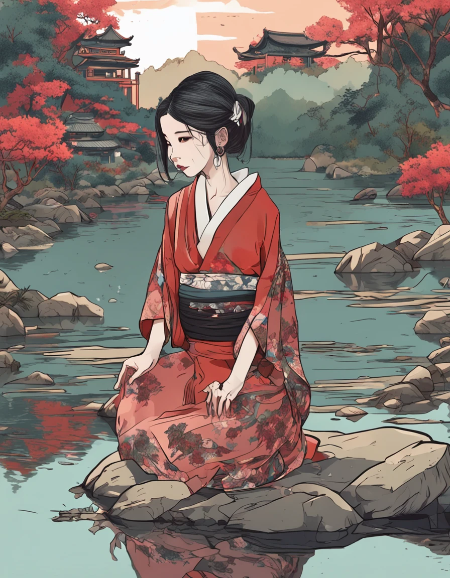 Detailed portrait of Japanese girl, skinny girl, pear shape body, red and black, old anime style, (anime), ( girl:1.2), Ghibli style, boobs, (tatoos:1.2), strapless, shirt collar, kneeling, looking away, in a river, flat colors, intricate, intricate dress, beautiful face, short hair, white hair, Headscarf, river, landscape, masterpiece, best quality, old japanese house